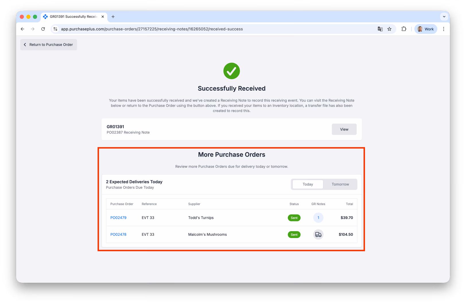 Receiving success screen listing expected deliveries for today