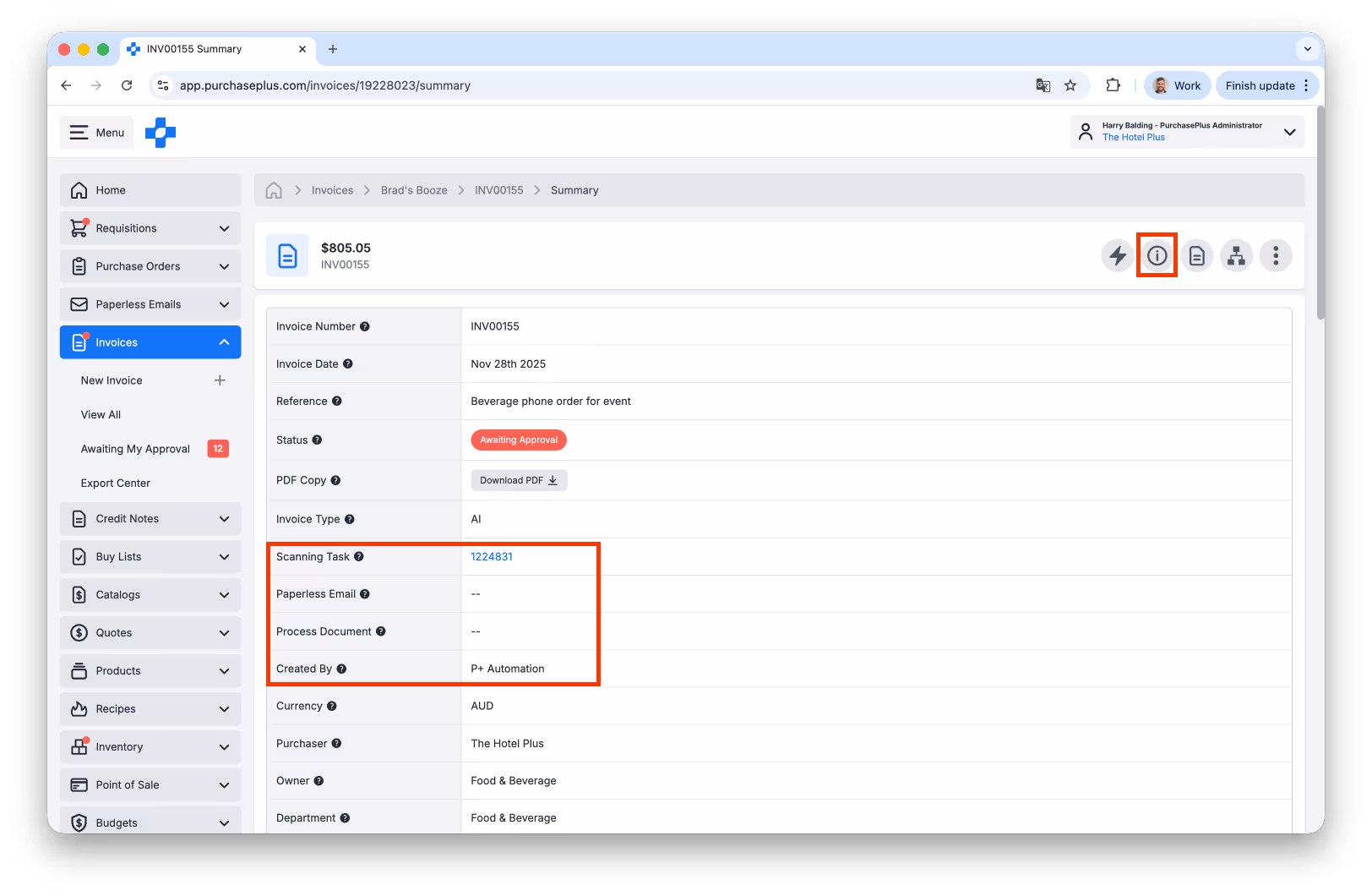 Invoice summary highlighting Scanning Task and Created By automation fields