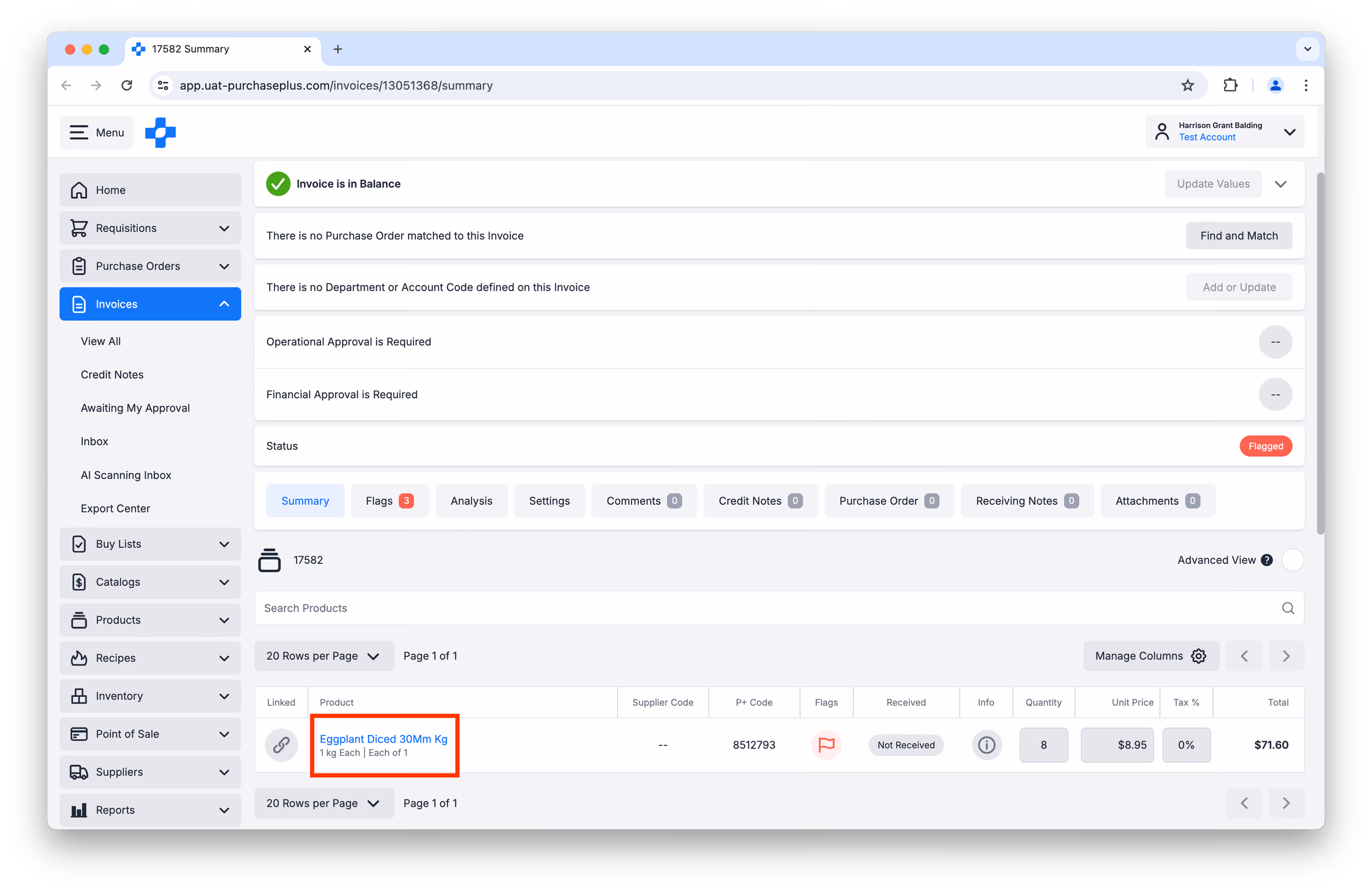 Invoice summary highlighting a product line created by AI scanning