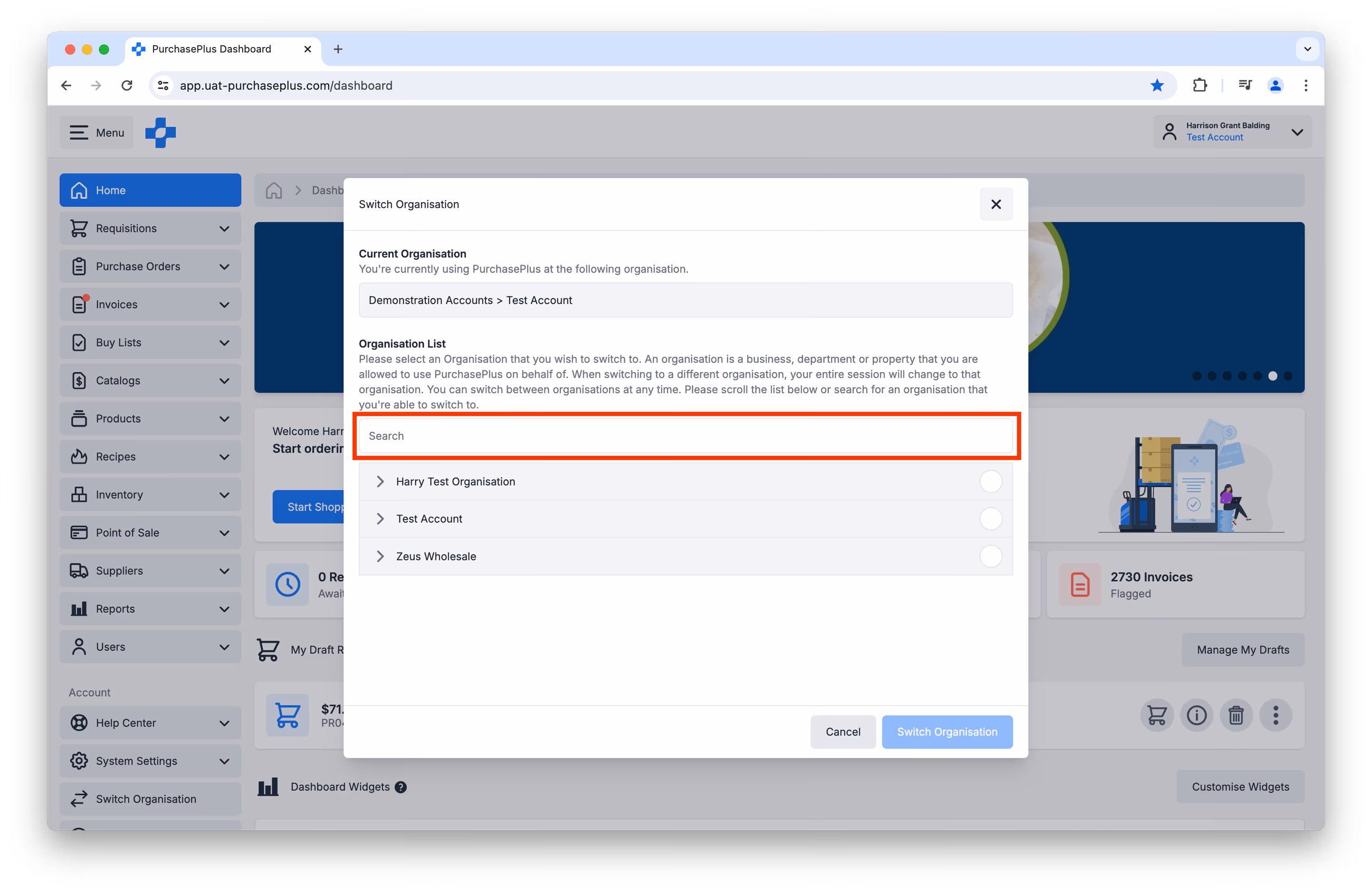 Switch Organisation modal with search bar for finding organisations