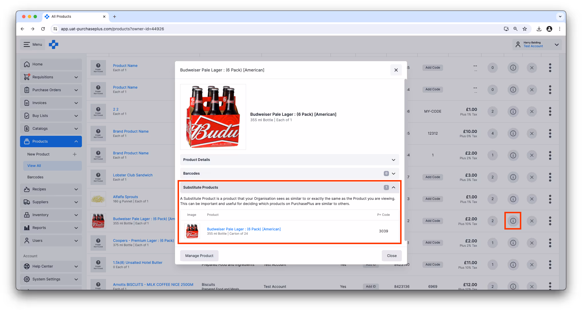 Viewing substitute products in the product information window