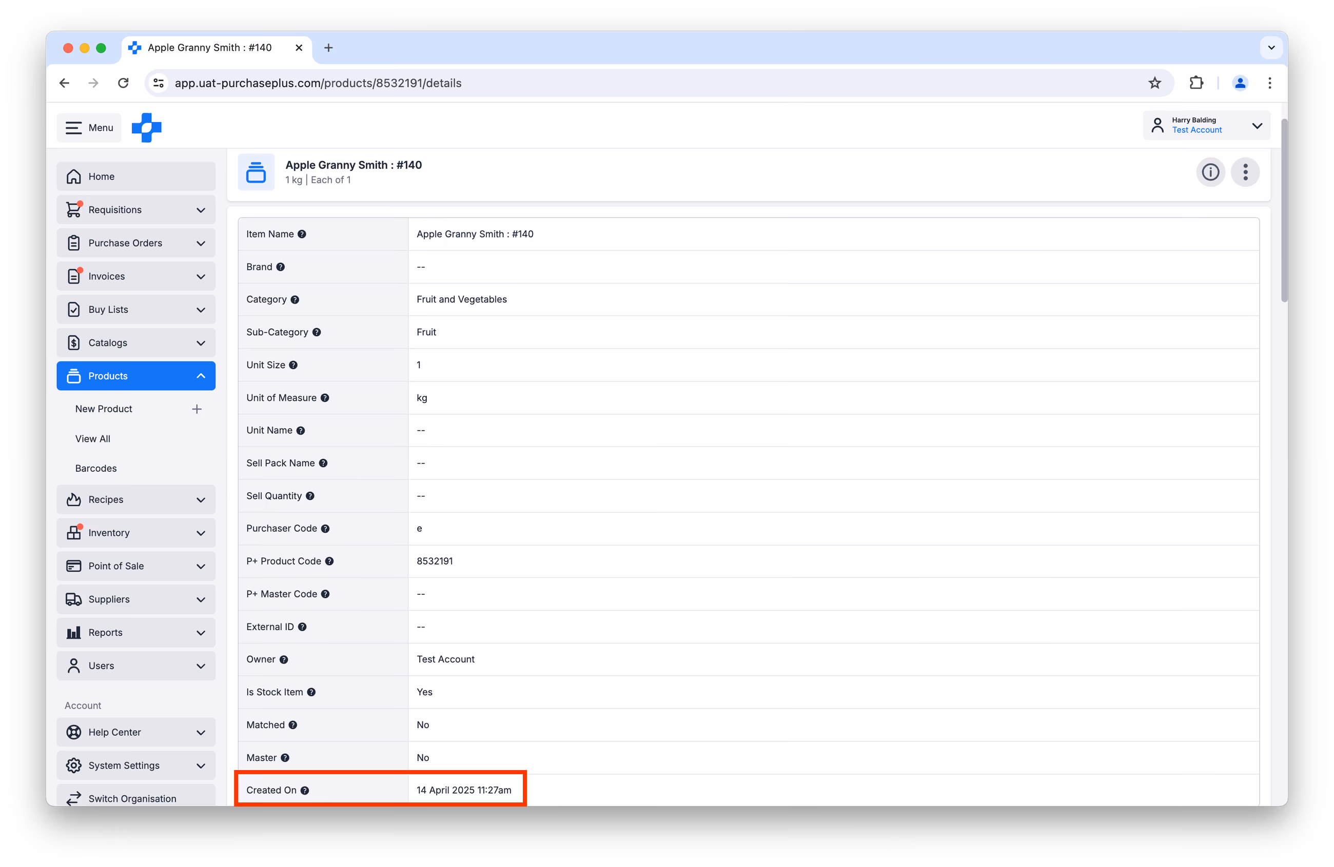 Product details highlighting Created On date and time