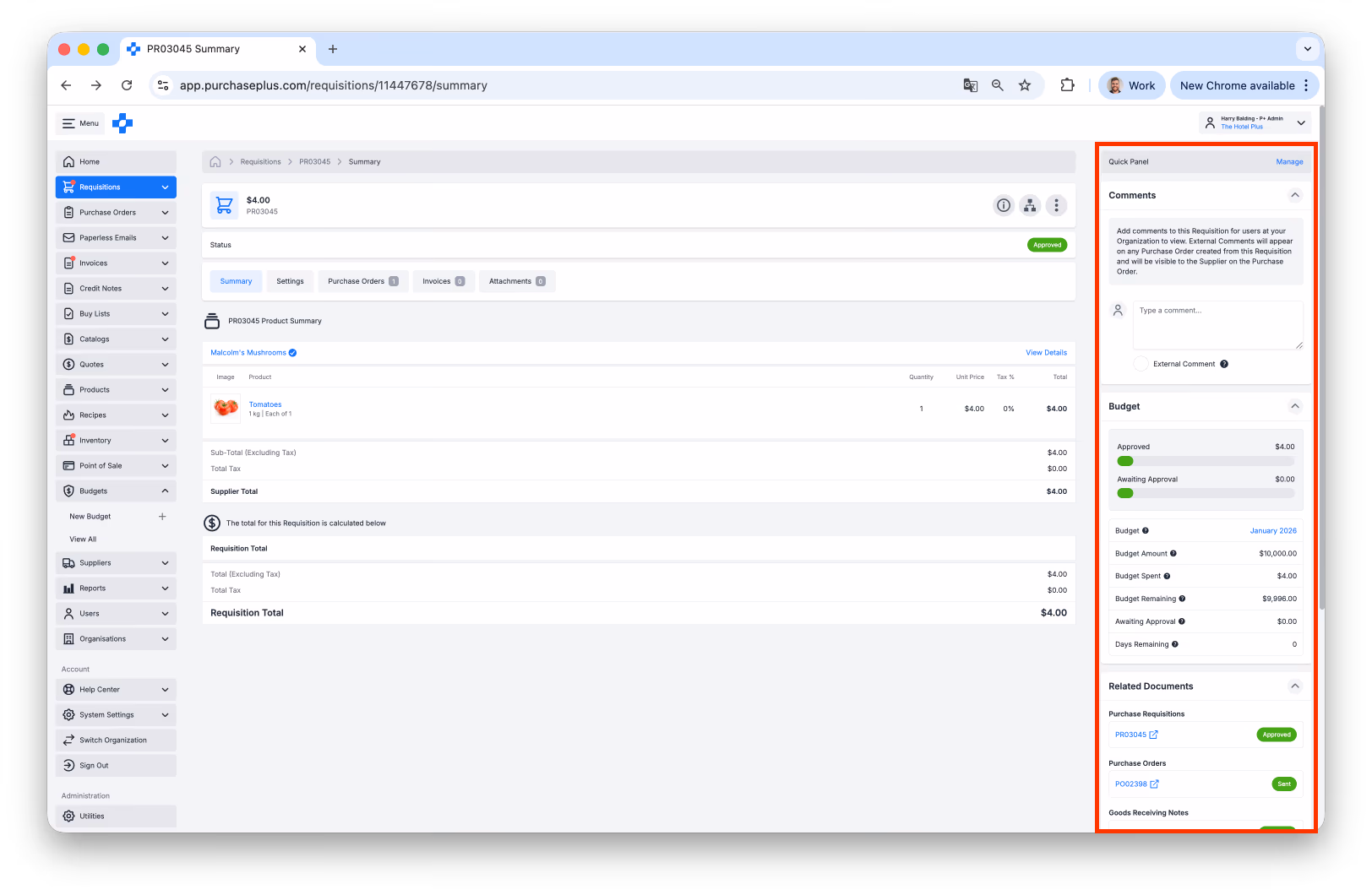 Requisition summary quick panel showing comments, budget, and related documents