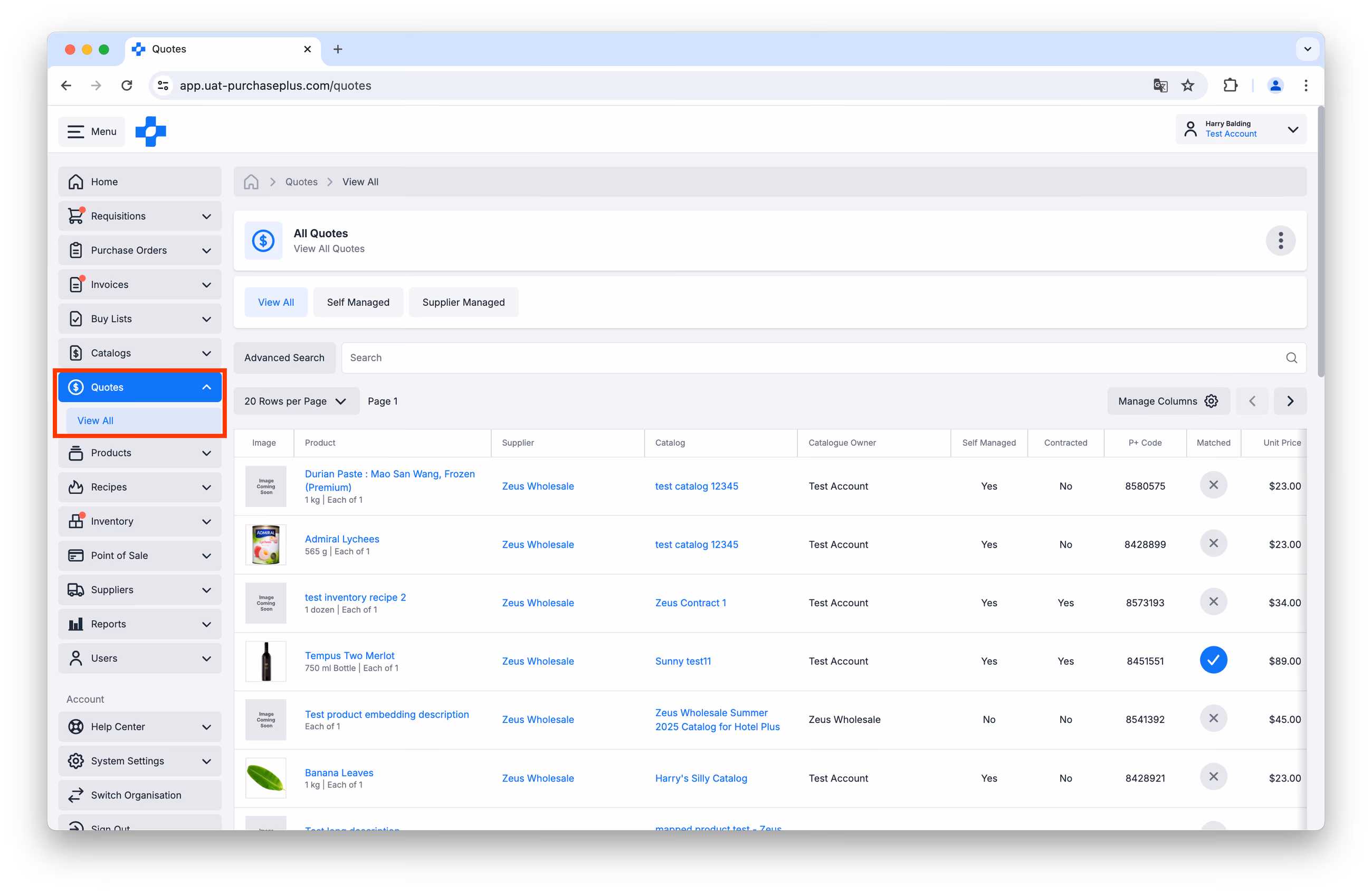 All Quotes page for purchasers listing products, suppliers, and unit prices