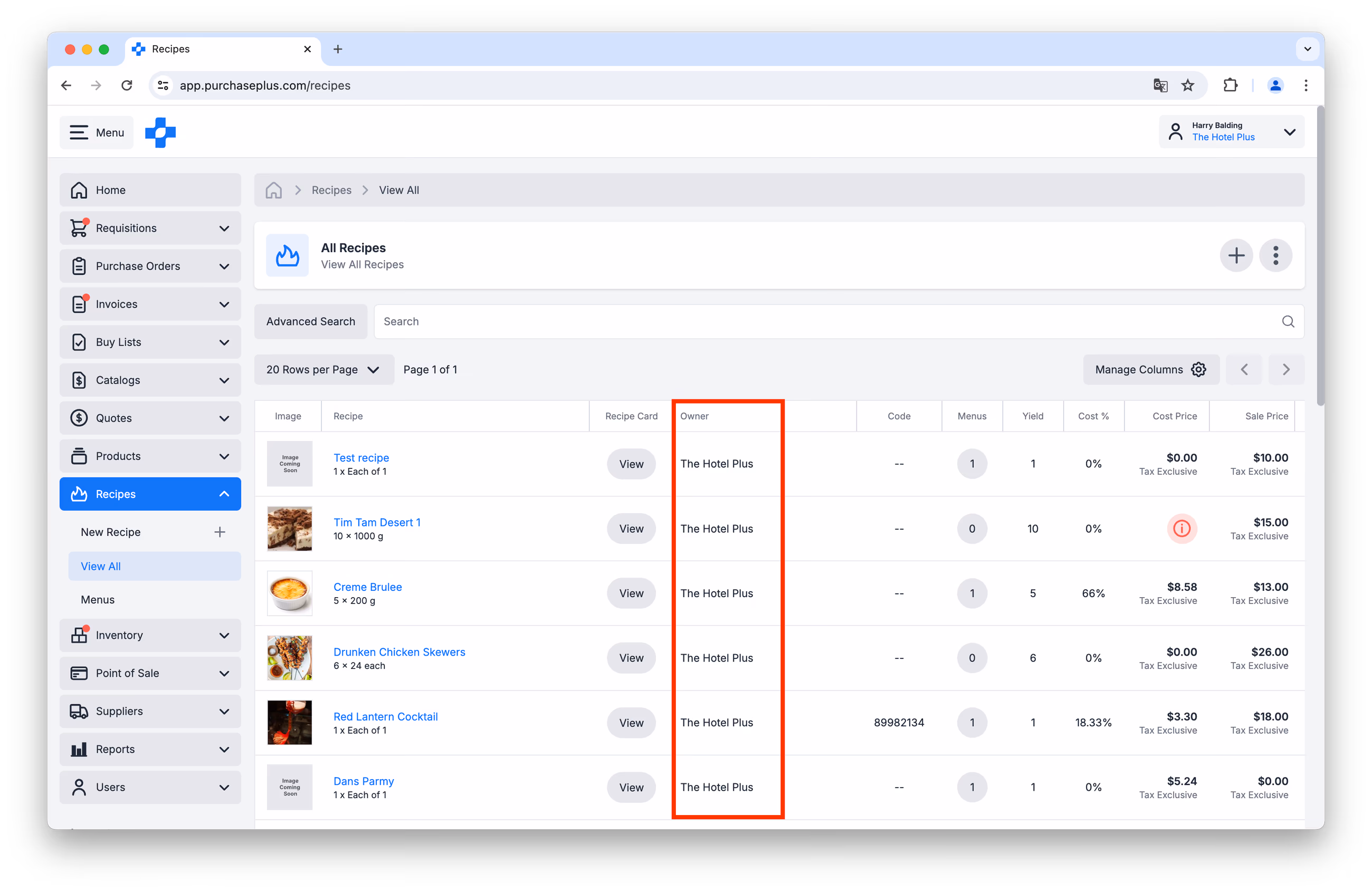 All Recipes table highlighting Owner column for each recipe