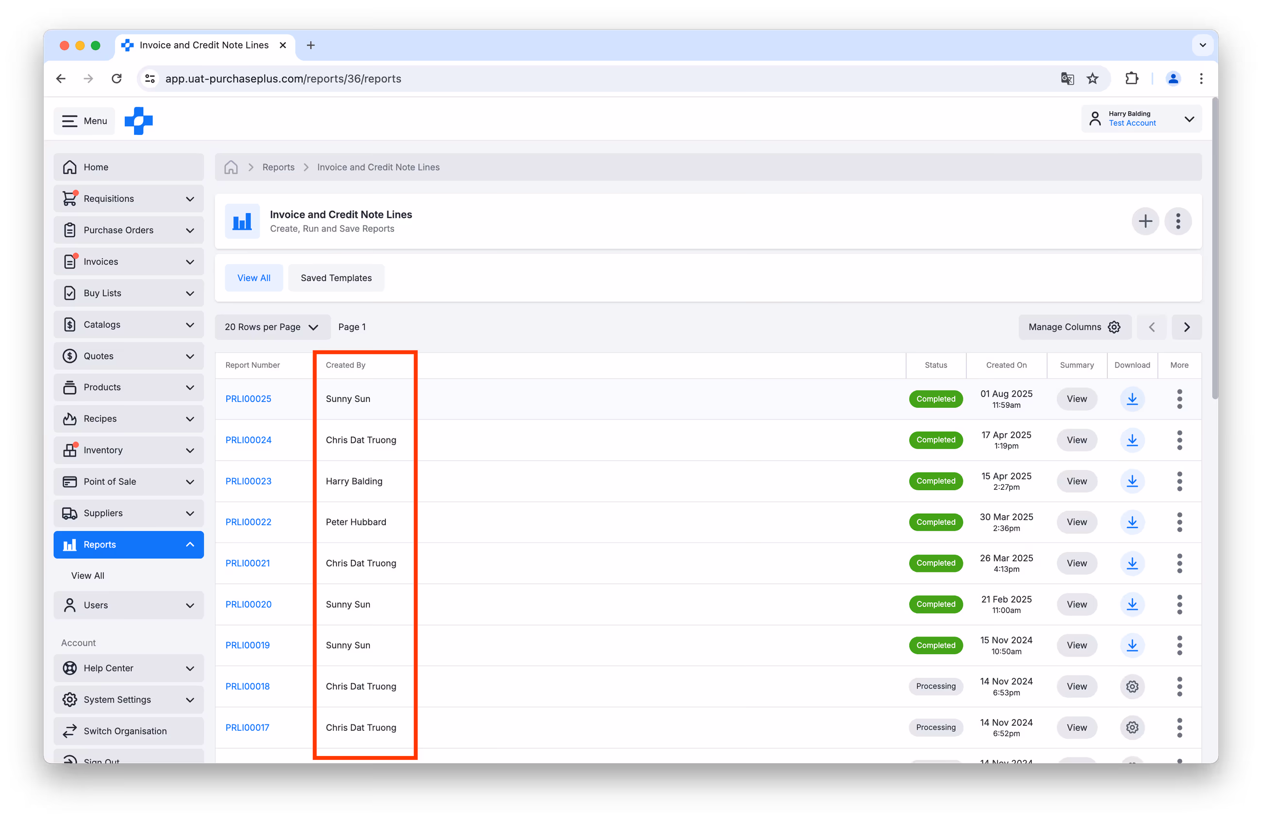 Report executions list highlighting Created By for cross-user visibility