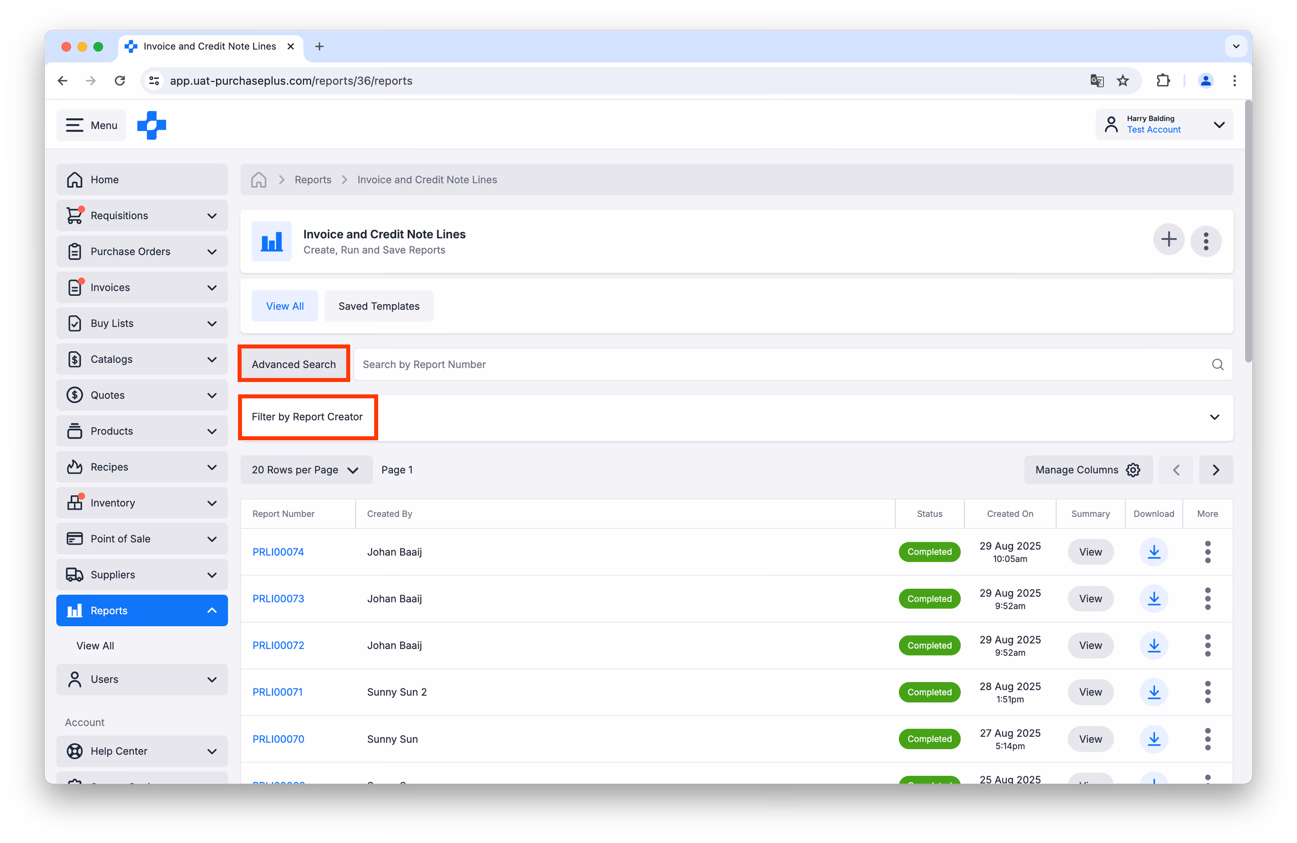 Search report executions by creator user