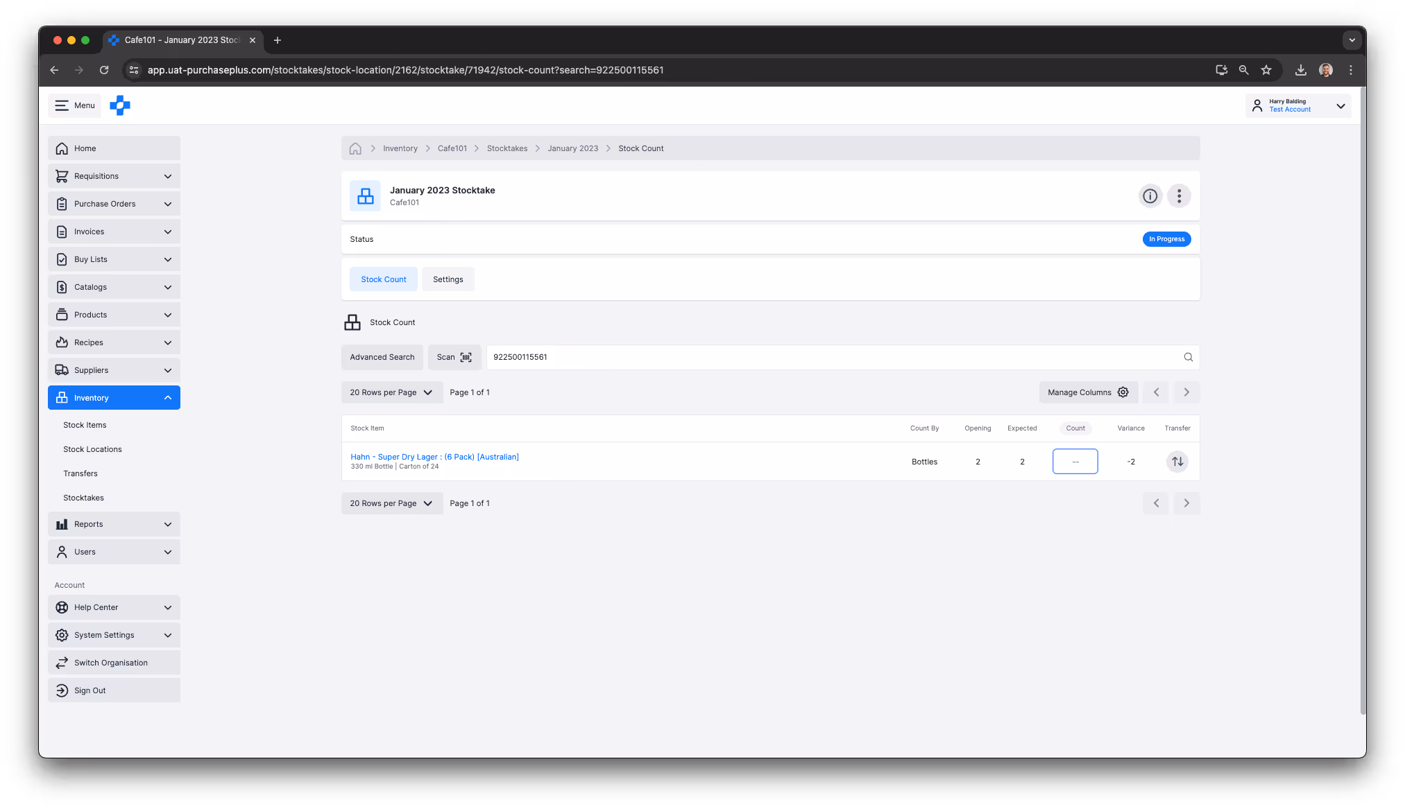 Searching a stocktake using a barcode as the search term