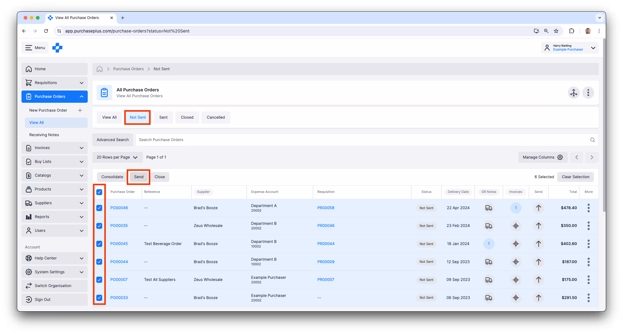 Bulk Sending Purchaser Orders that are NOT SENT in PurchasePlus