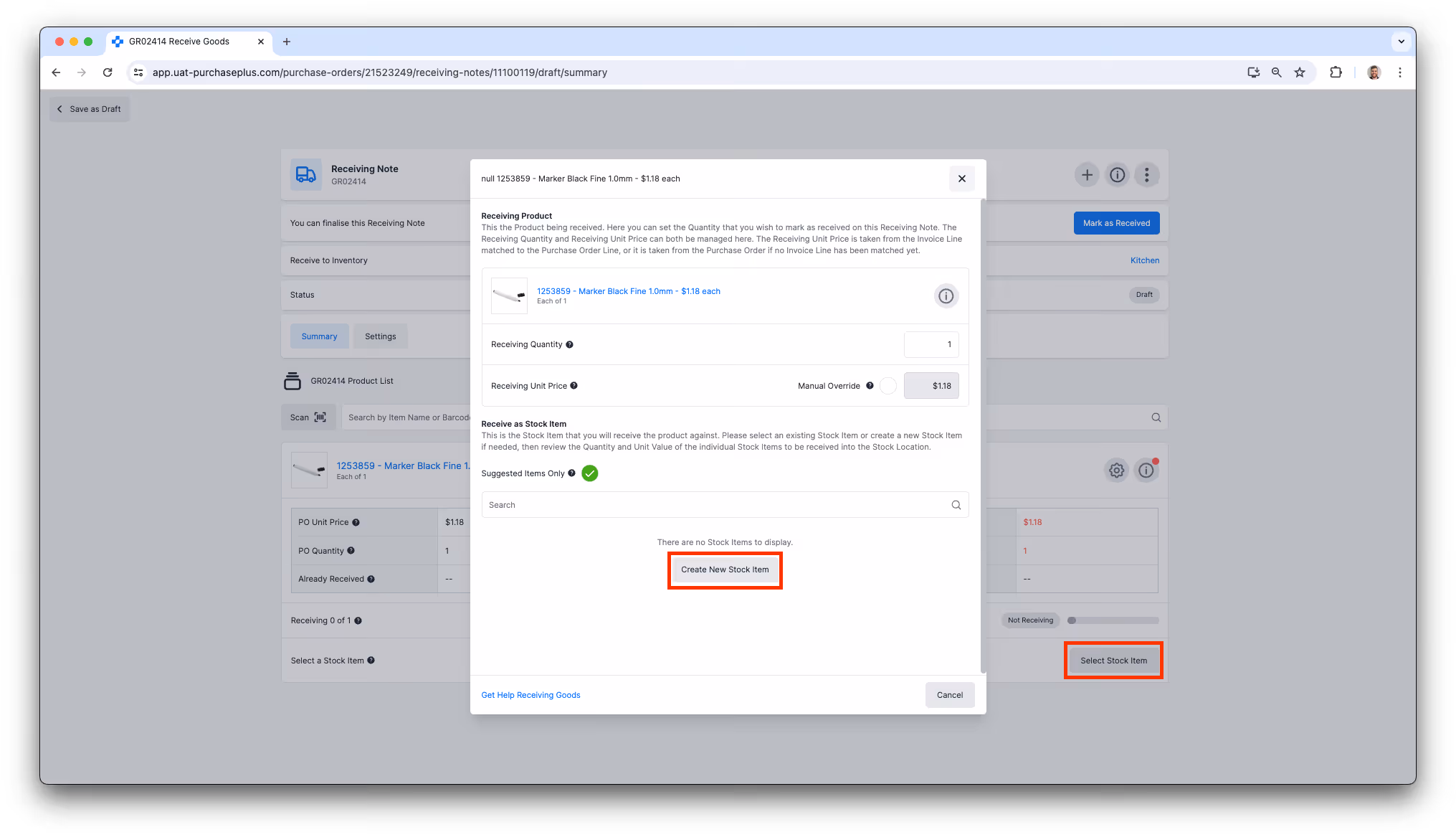 Receiving Product modal highlighting Create New Stock Item while receiving