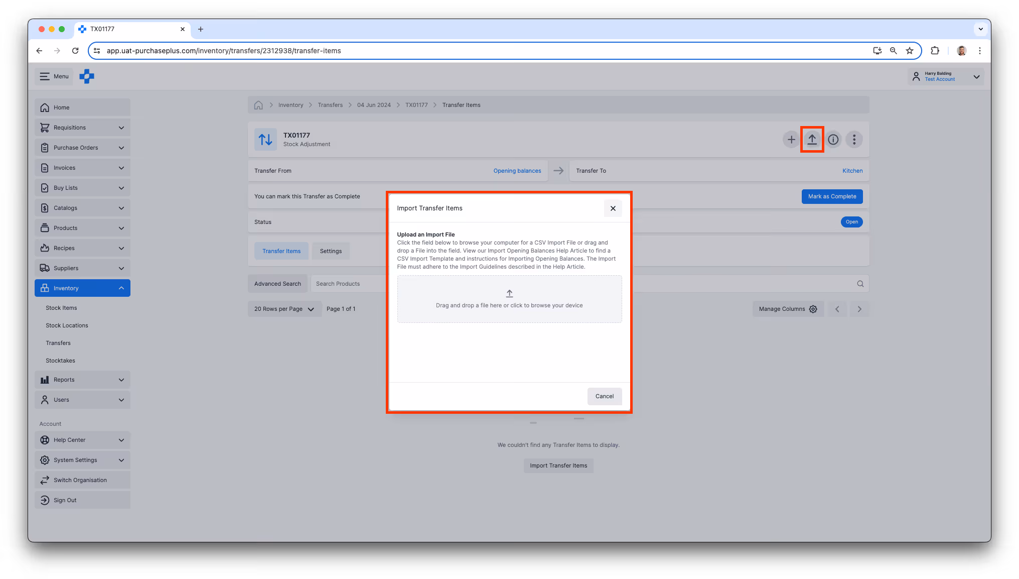 Import Opening Balance Transfer Items by CSV Import