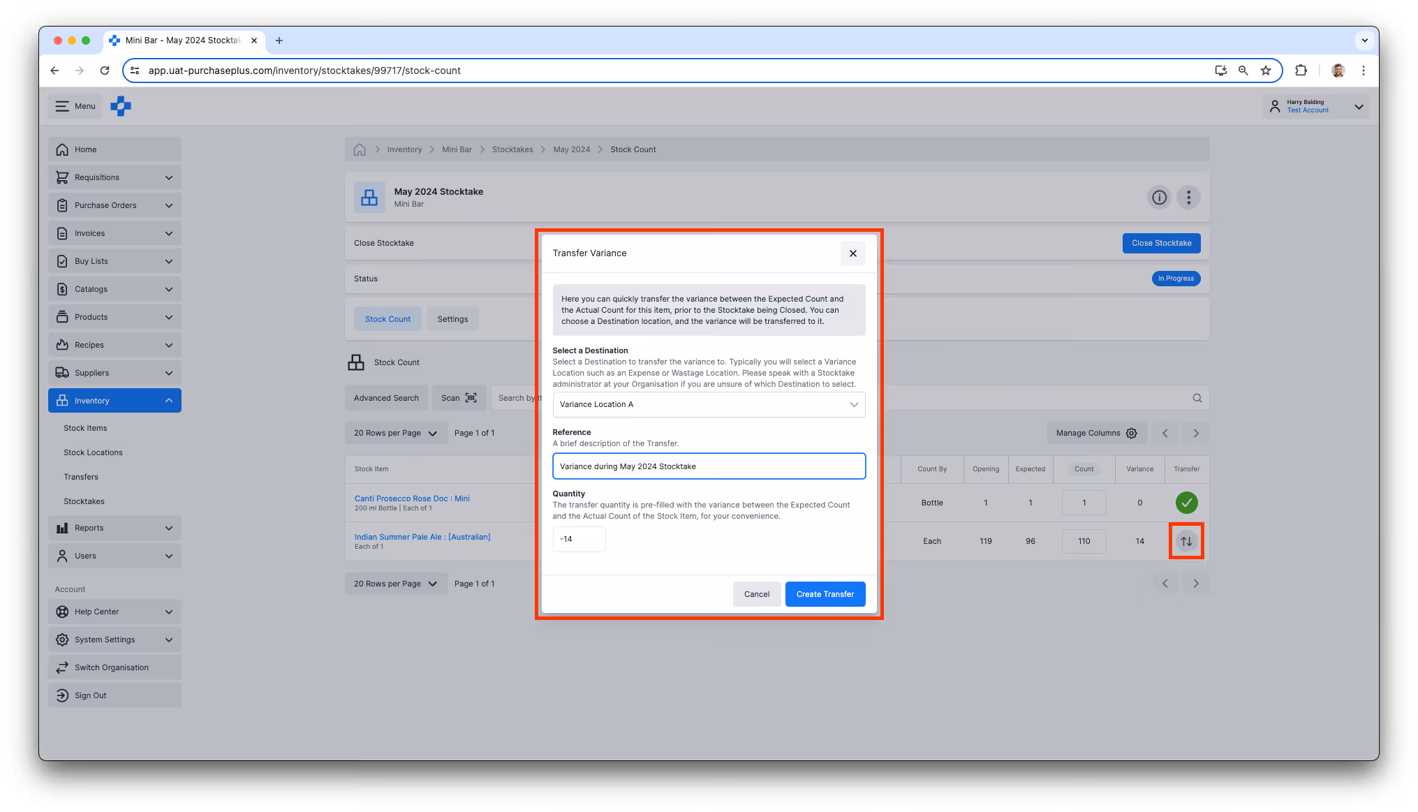 Quick Transfer to account for variances during a stocktake