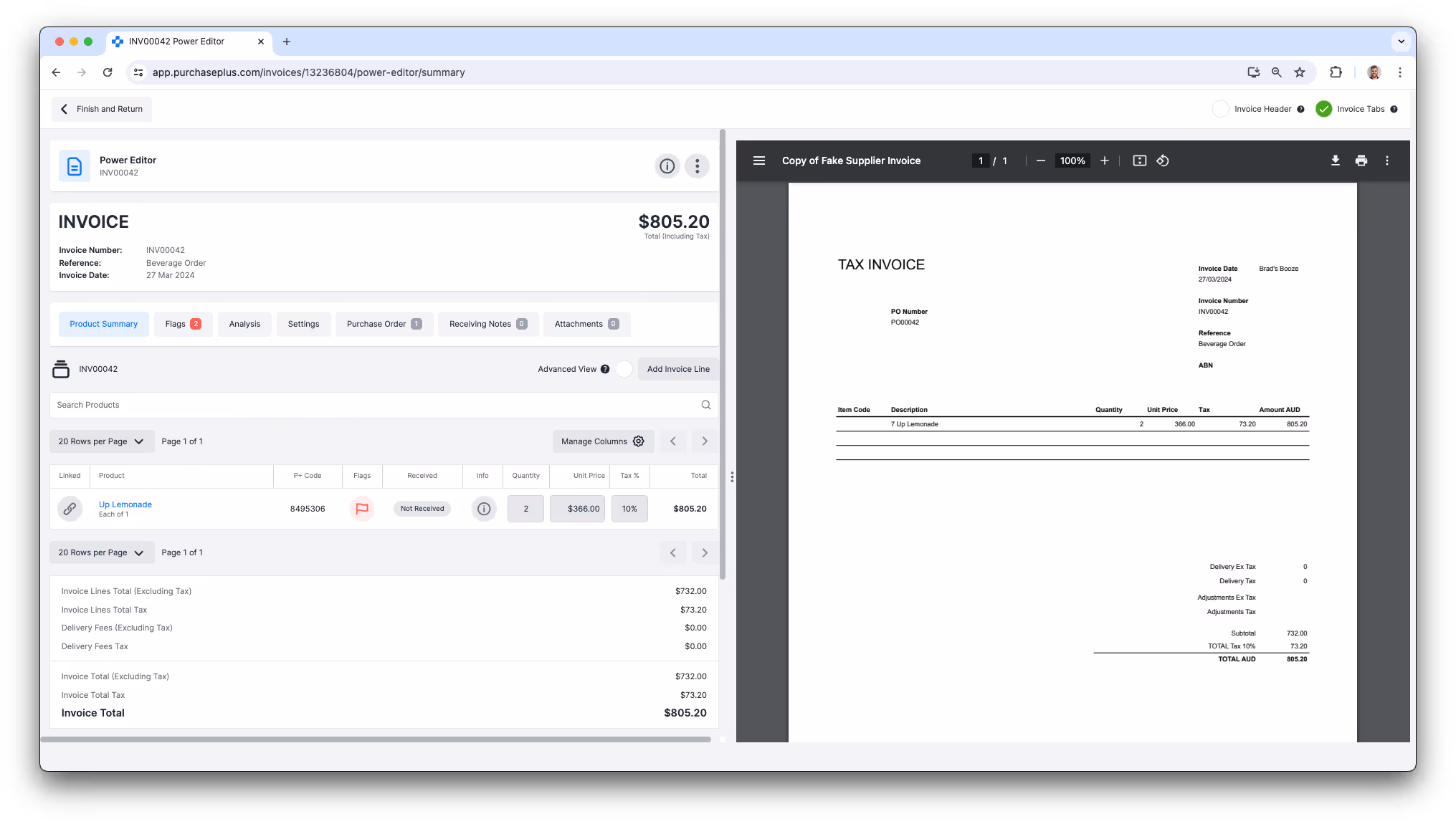 Invoice Power Editor with side-by-side invoice data and PDF preview