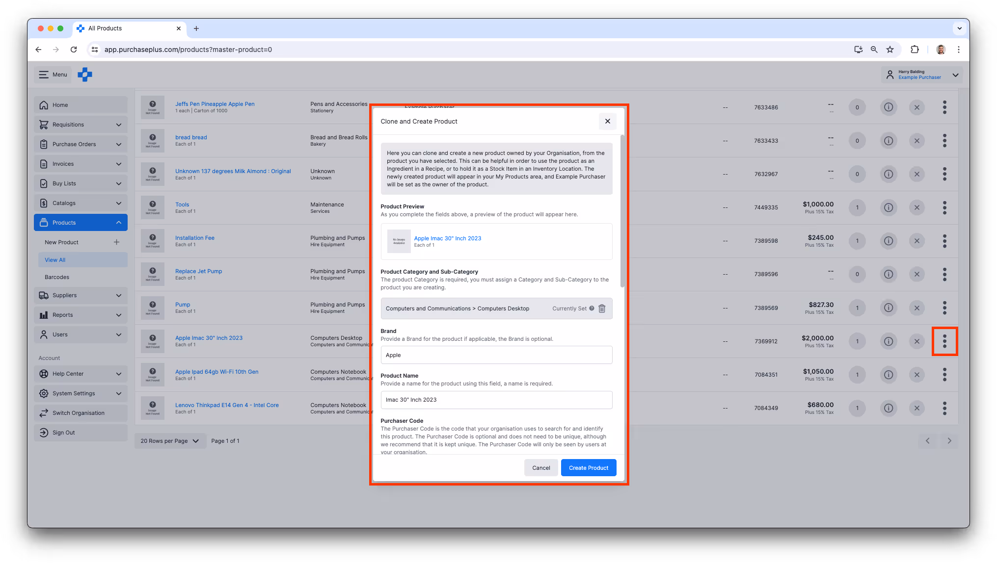 Clone a Product in PurchasePlus