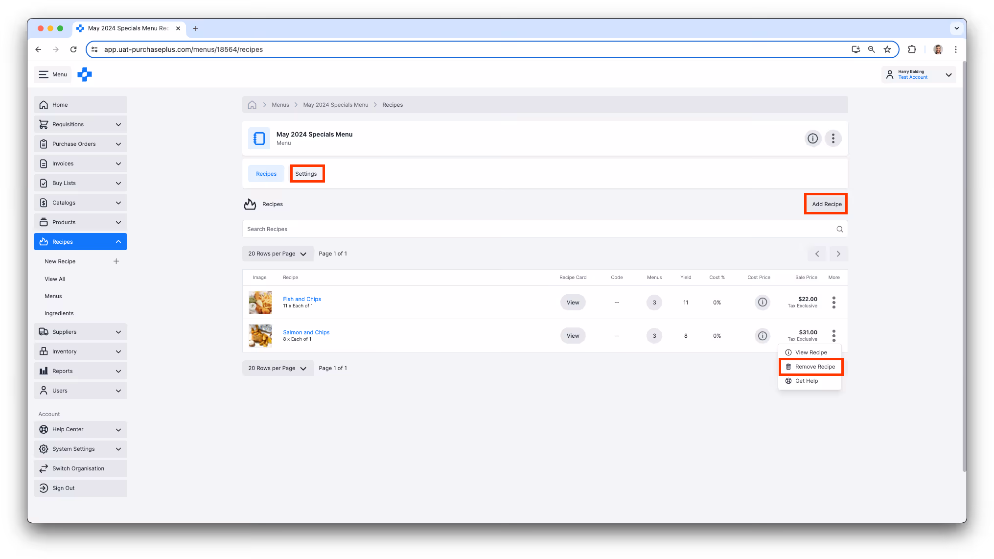 Create, read, update and delete a menu in PurchasePlus