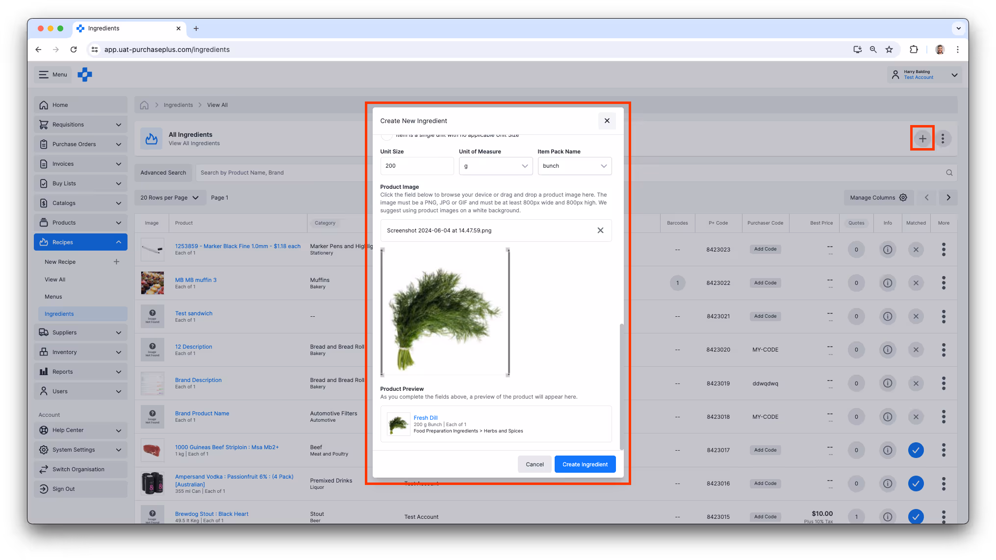 Create New Ingredient modal for Fresh Dill with image preview