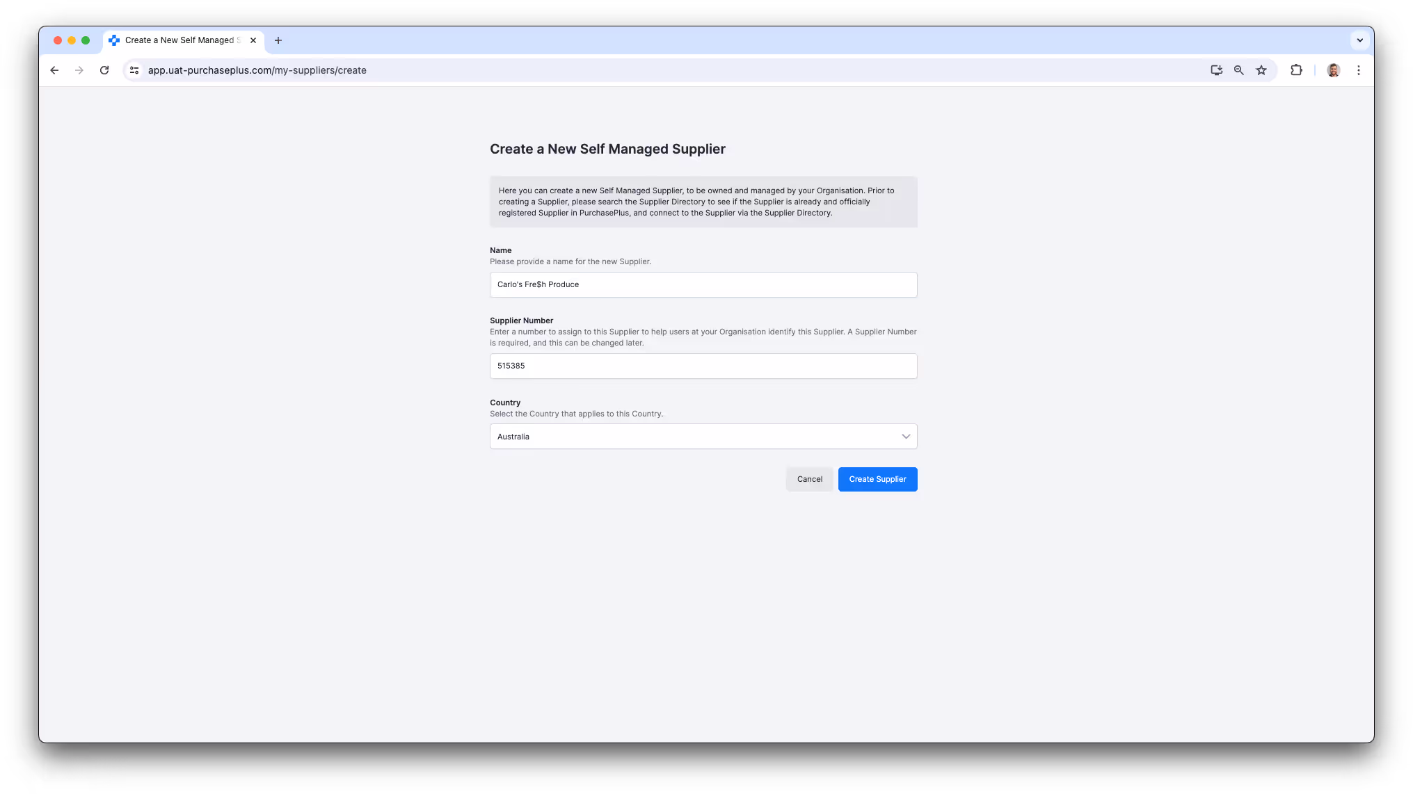 Create a Self-Managed Supplier in PurchasePlus