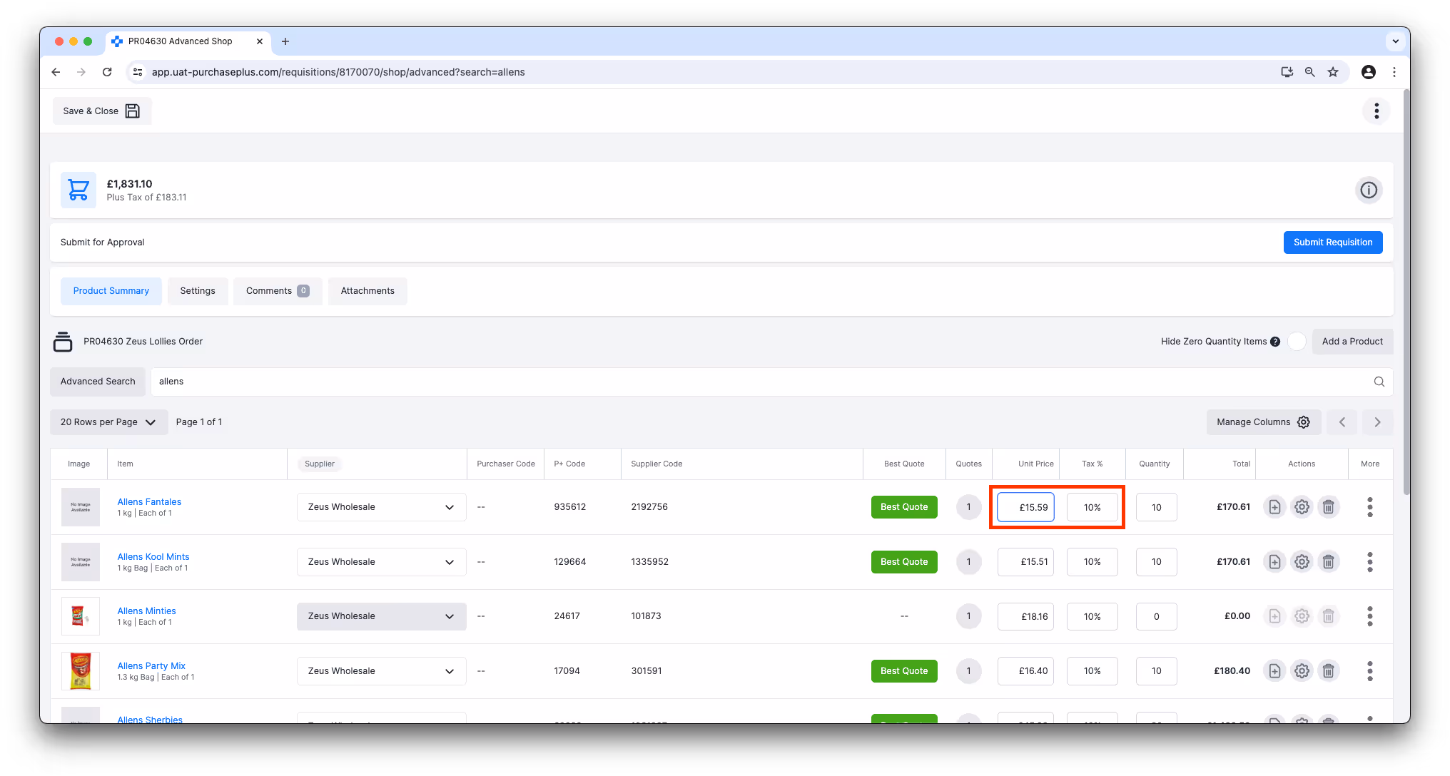 Advanced shop highlighting unit price and tax percentage fields