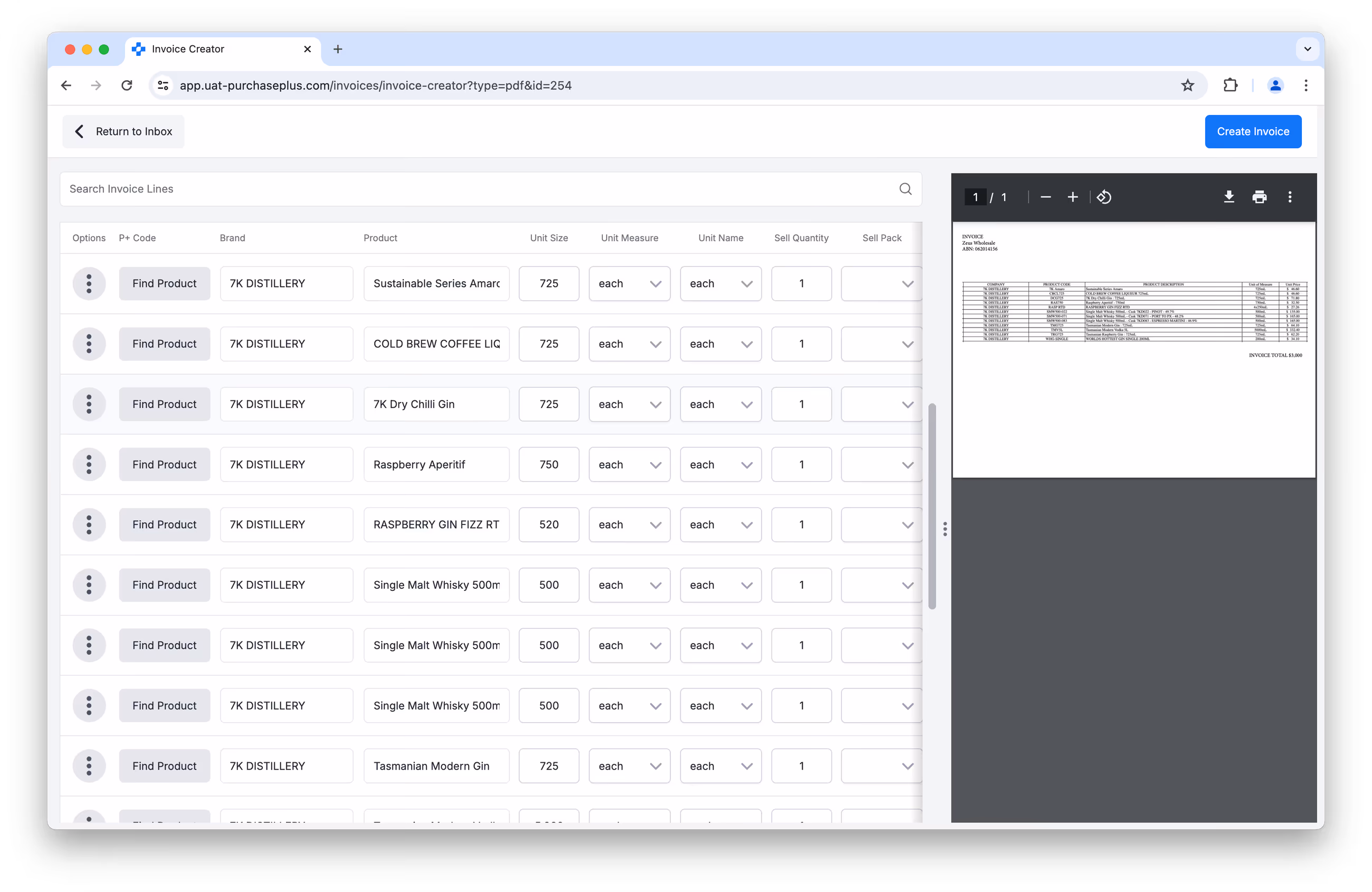 Invoice lines created from a PDF