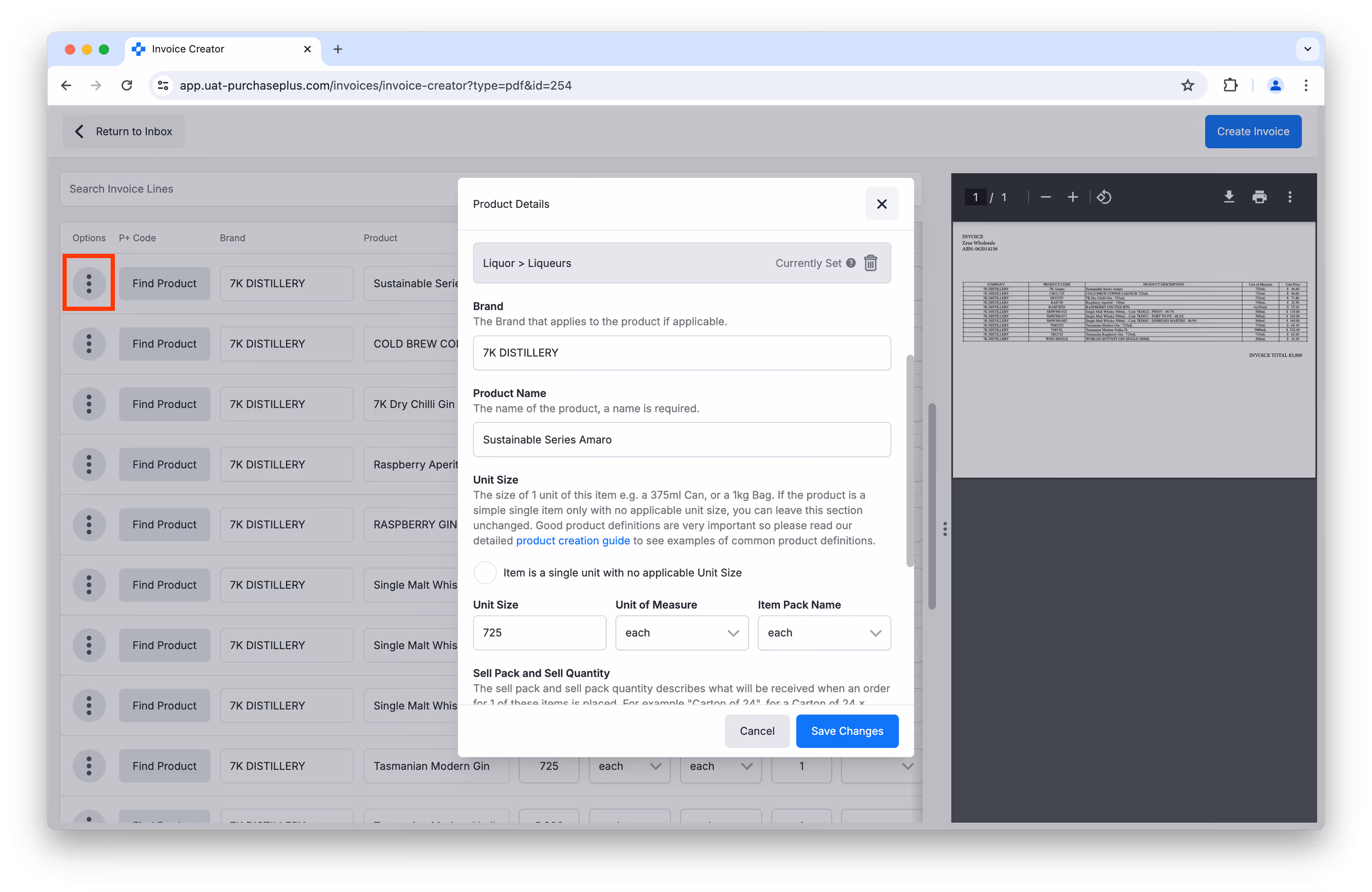 Invoice Creator Product Details modal for an AI-created invoice line