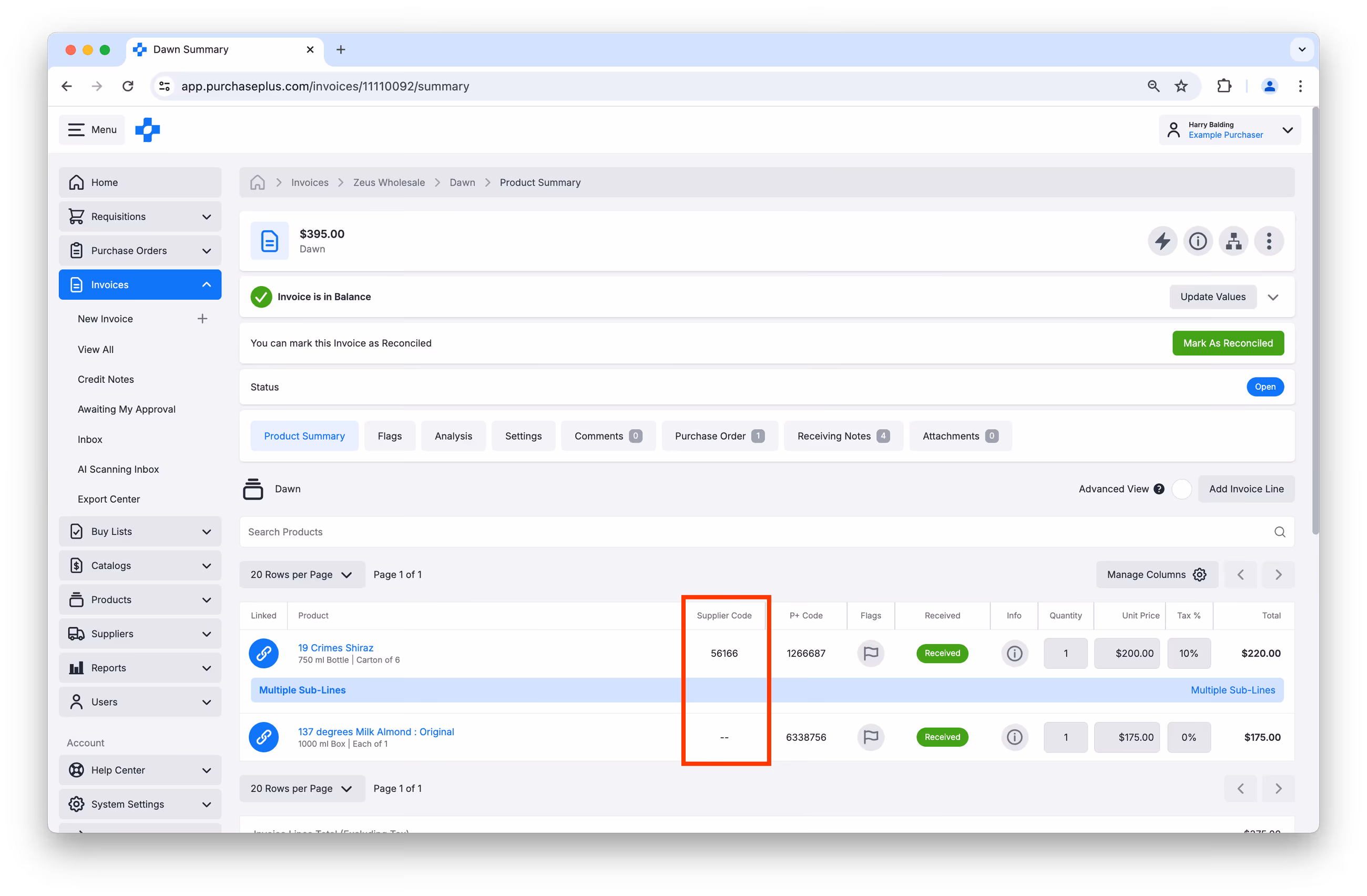 Viewing Supplier Code on an Invoice Line