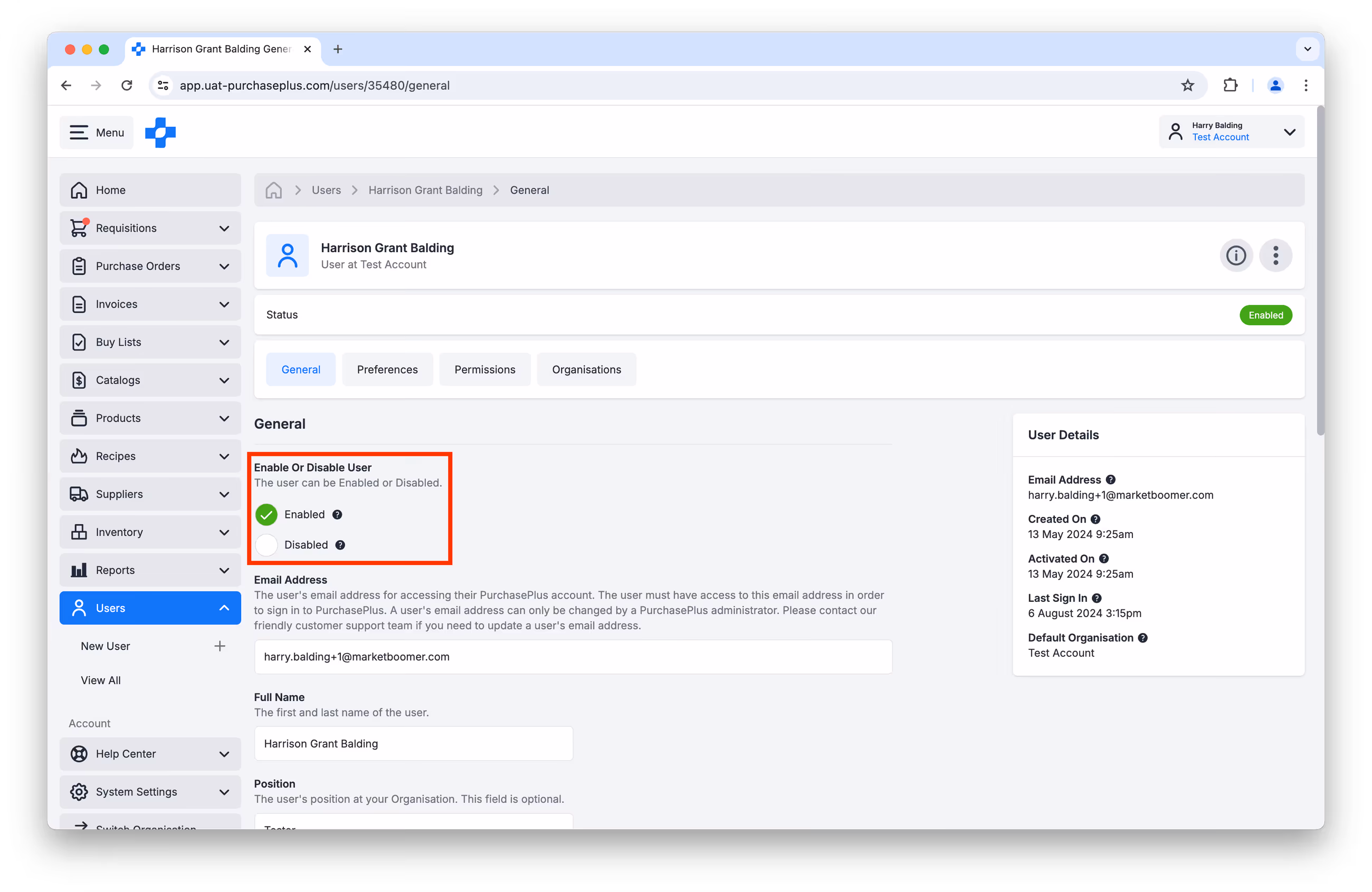 User profile settings highlighting Enable or Disable User options