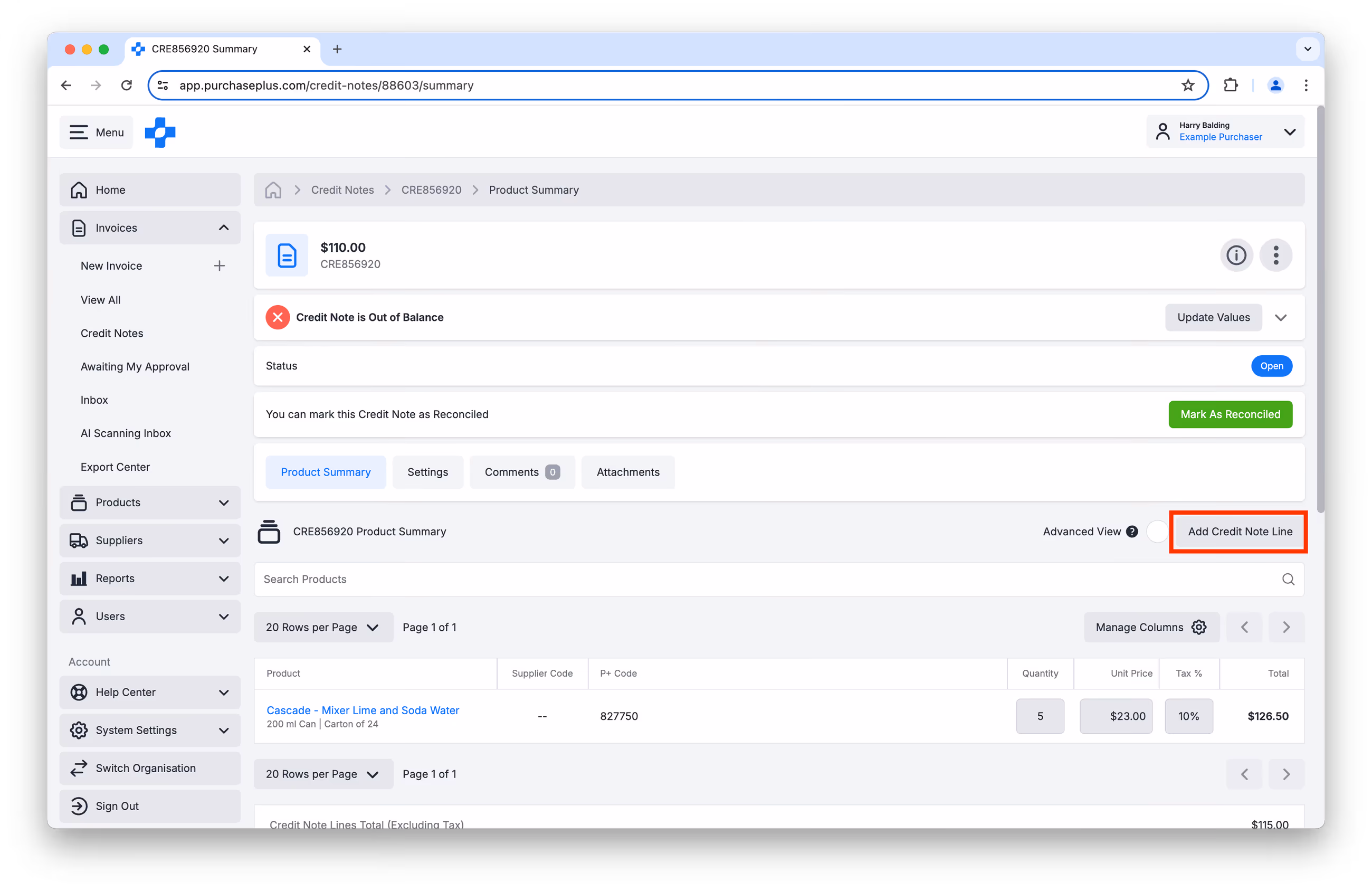 Add New Credit Note Line