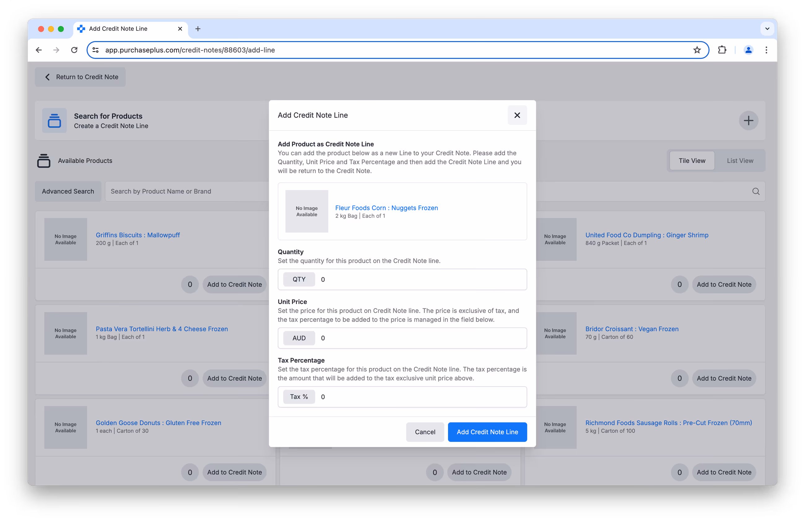 Advanced product search when adding a credit note line