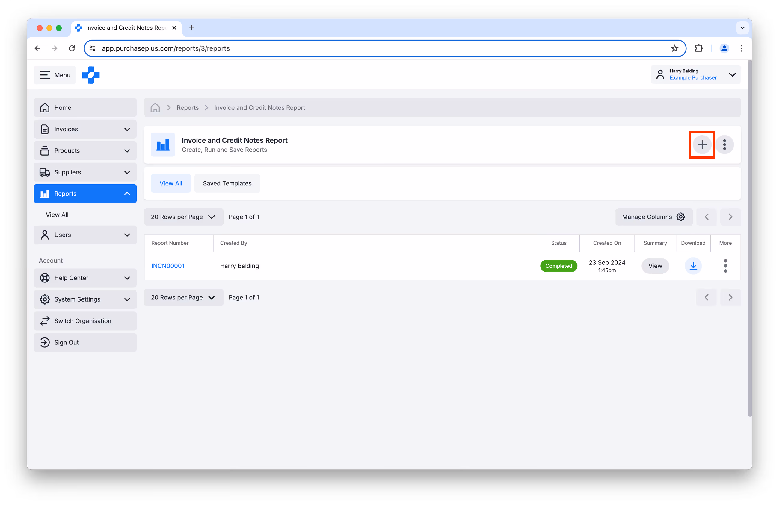 Invoice and Credit Notes Report page highlighting create new report button