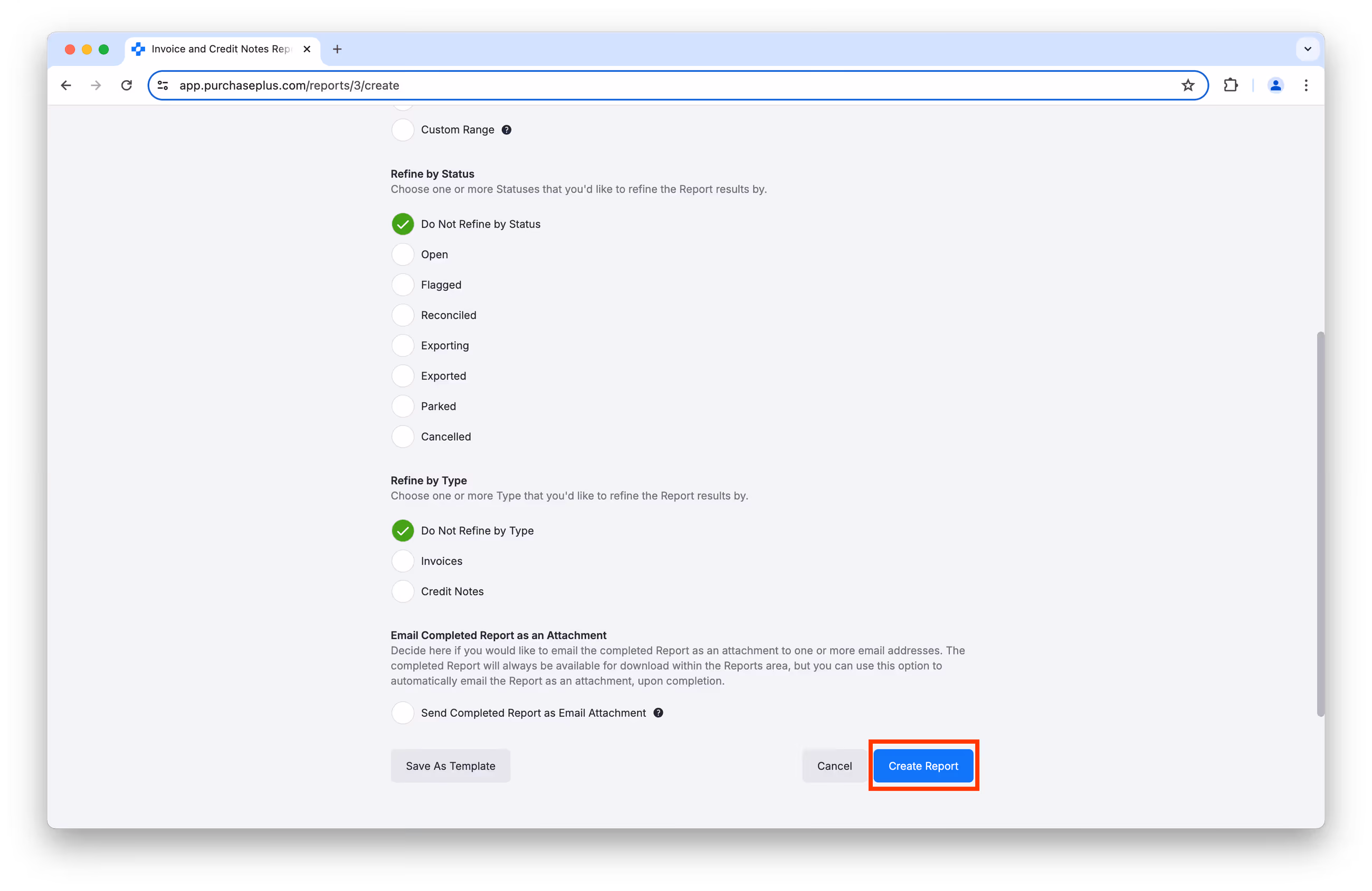Defining parameters for a report in PurchasePlus
