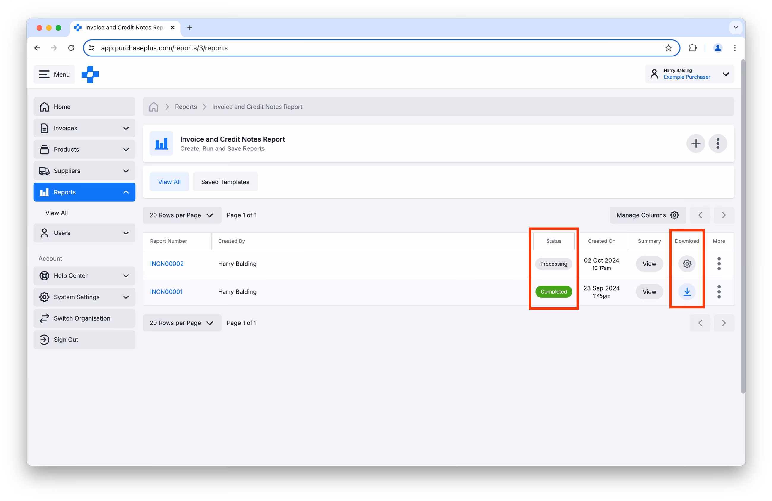 Report processing status in PurchasePlus