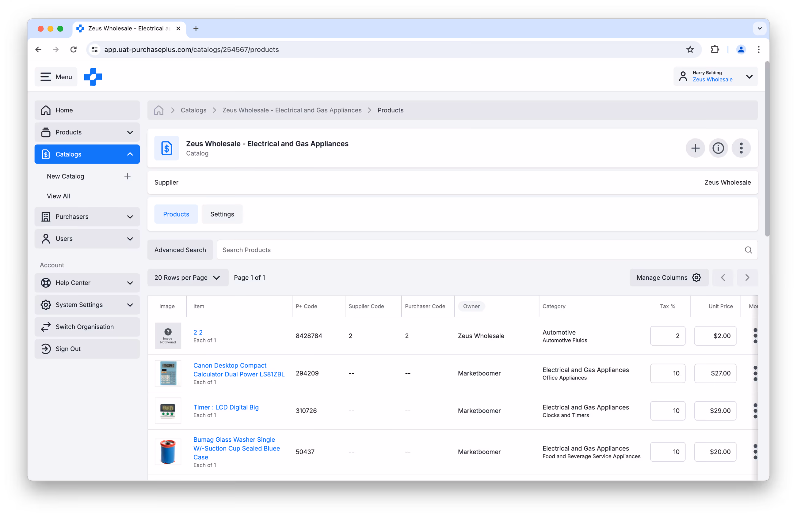 Supplier catalog products table with codes, categories, and unit prices