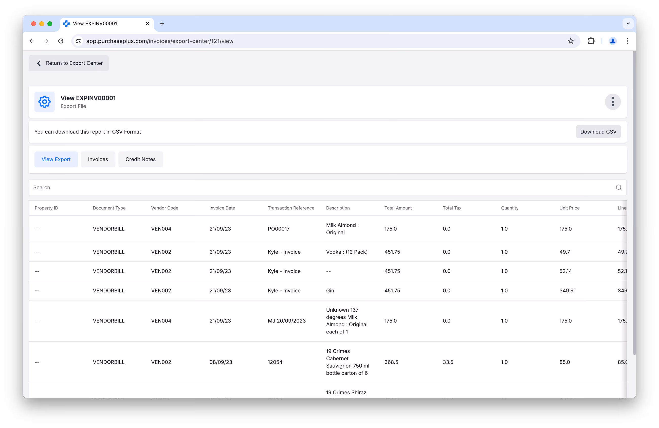 Viewing the Export File inside of PurchasePlus