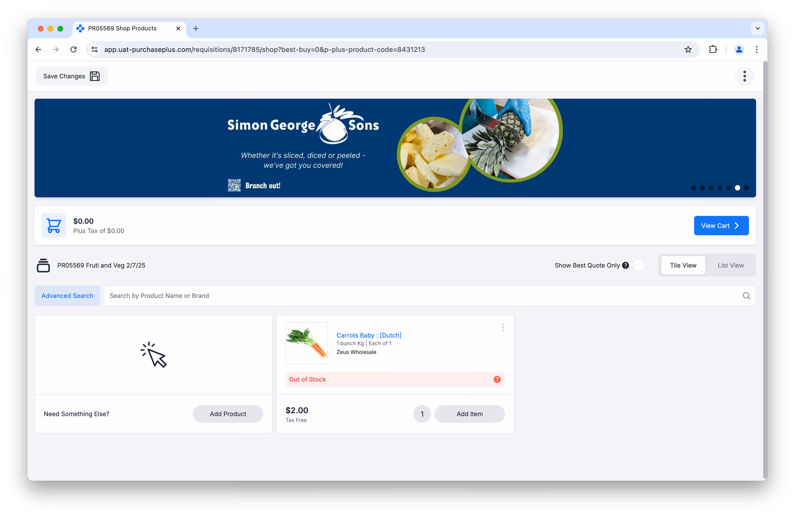 Shop Products tile view showing an Out of Stock product