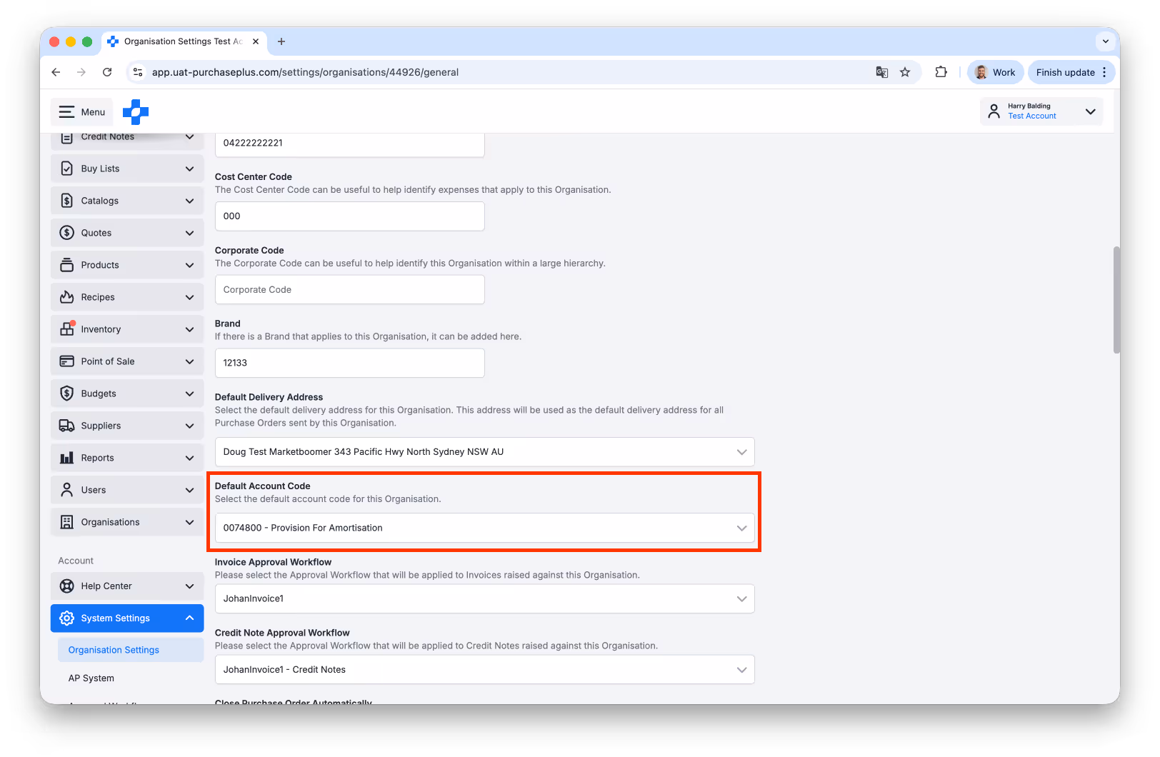 Set default account on an org