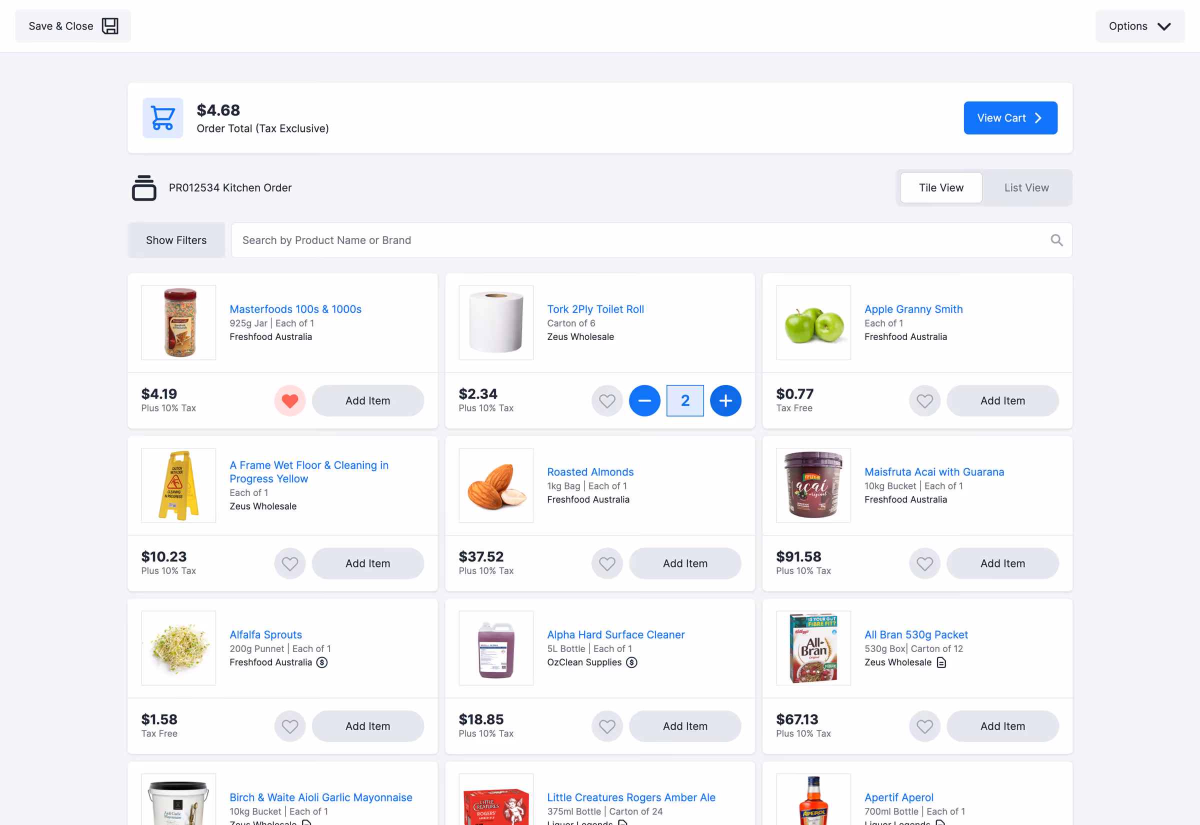 PurchasePlus shop tile view showing products with prices and Add Item