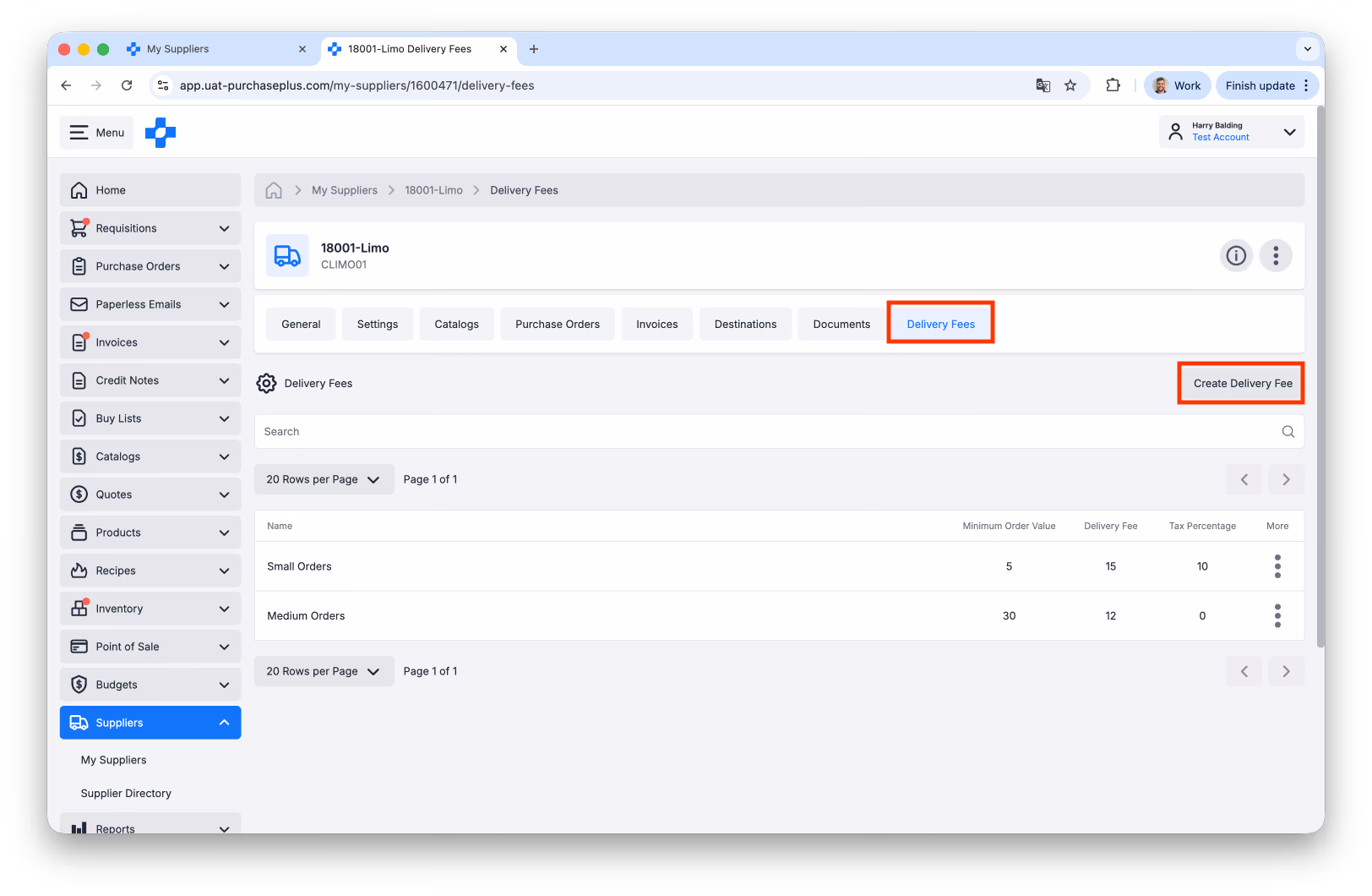 Self-managed supplier delivery fees settings