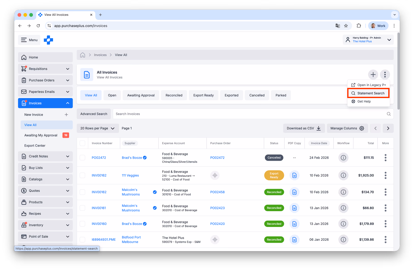 Statement search location in PurchasePlus