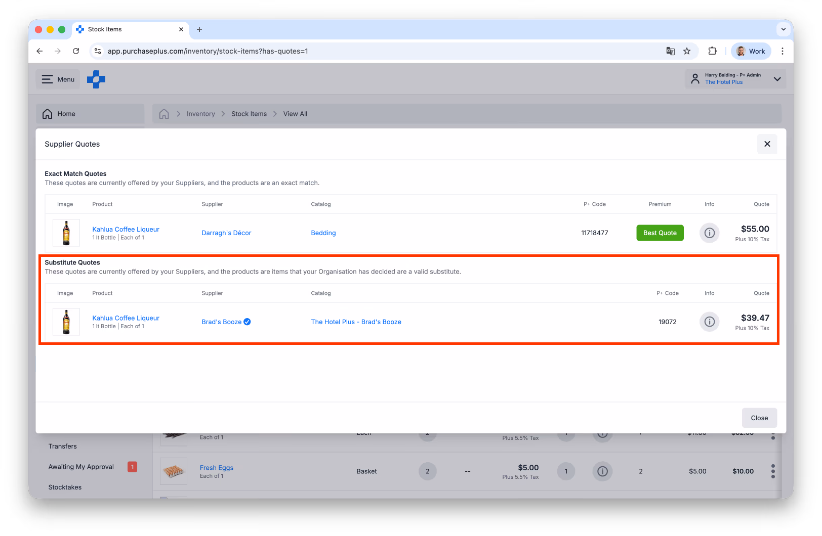 Supplier Quotes modal highlighting Substitute Quotes section