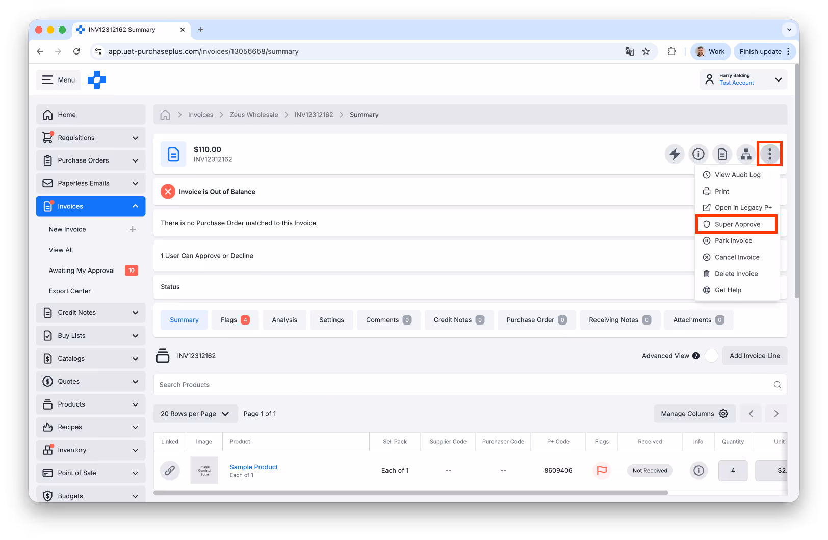 Super Approve option in the invoice more-actions menu