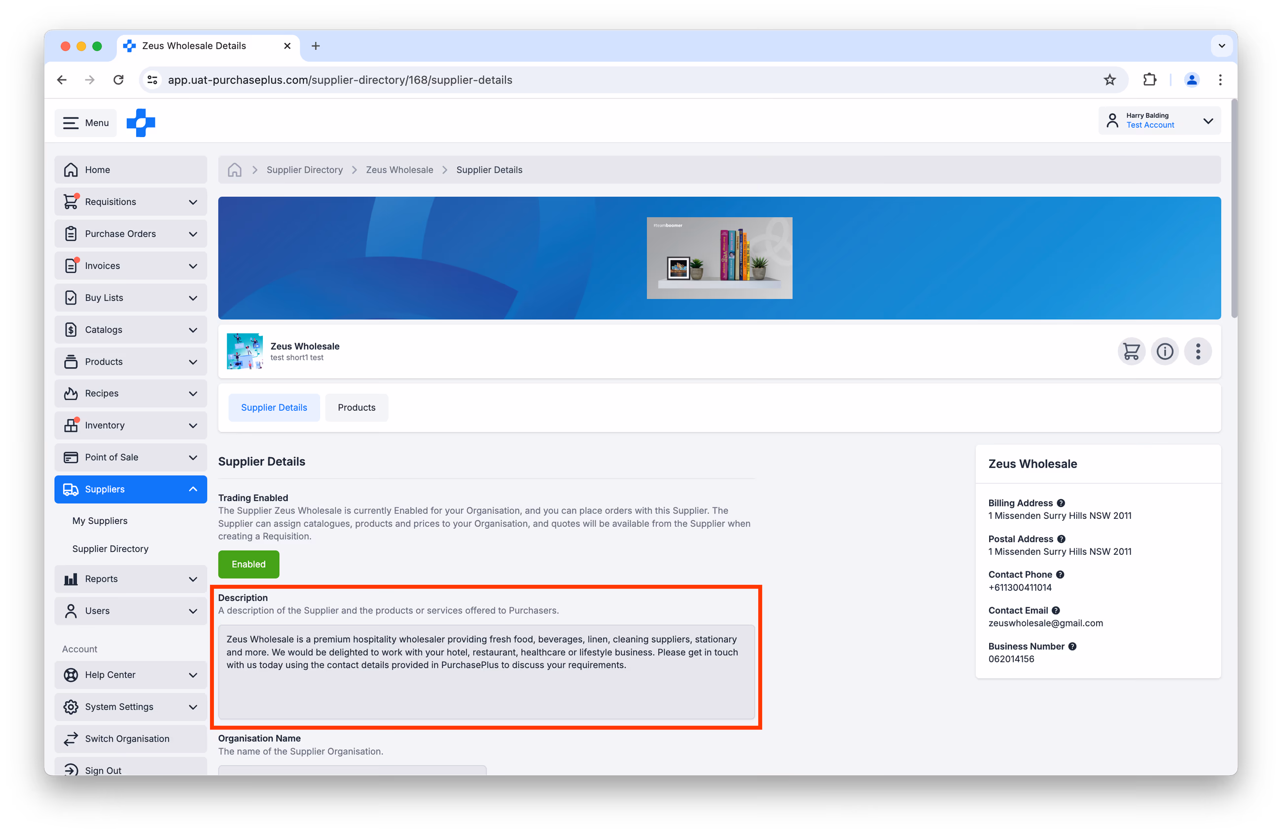 Supplier Directory details page highlighting supplier Description text