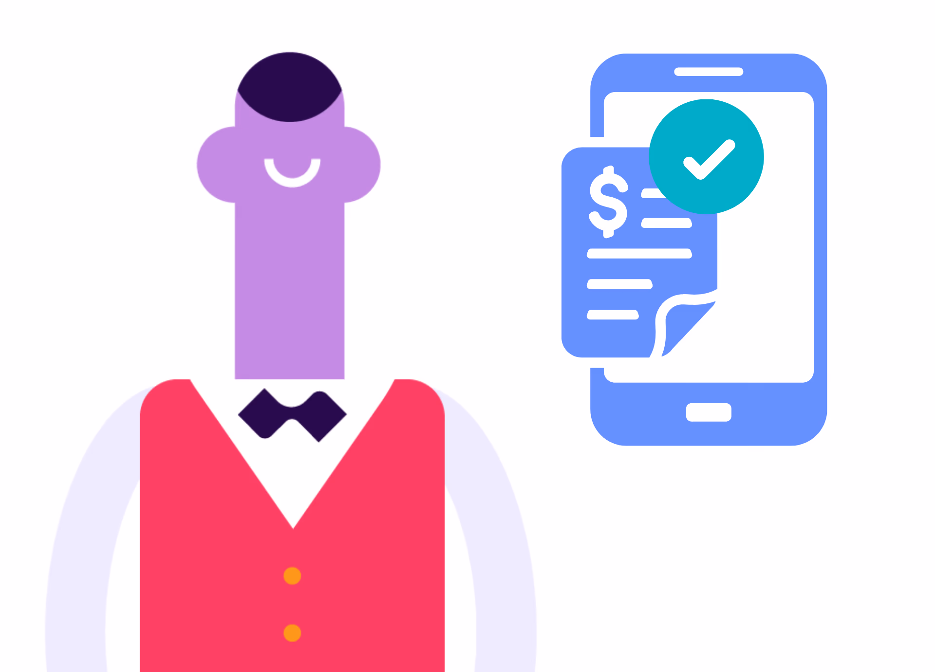 Hospitality worker beside a phone showing an approved invoice
