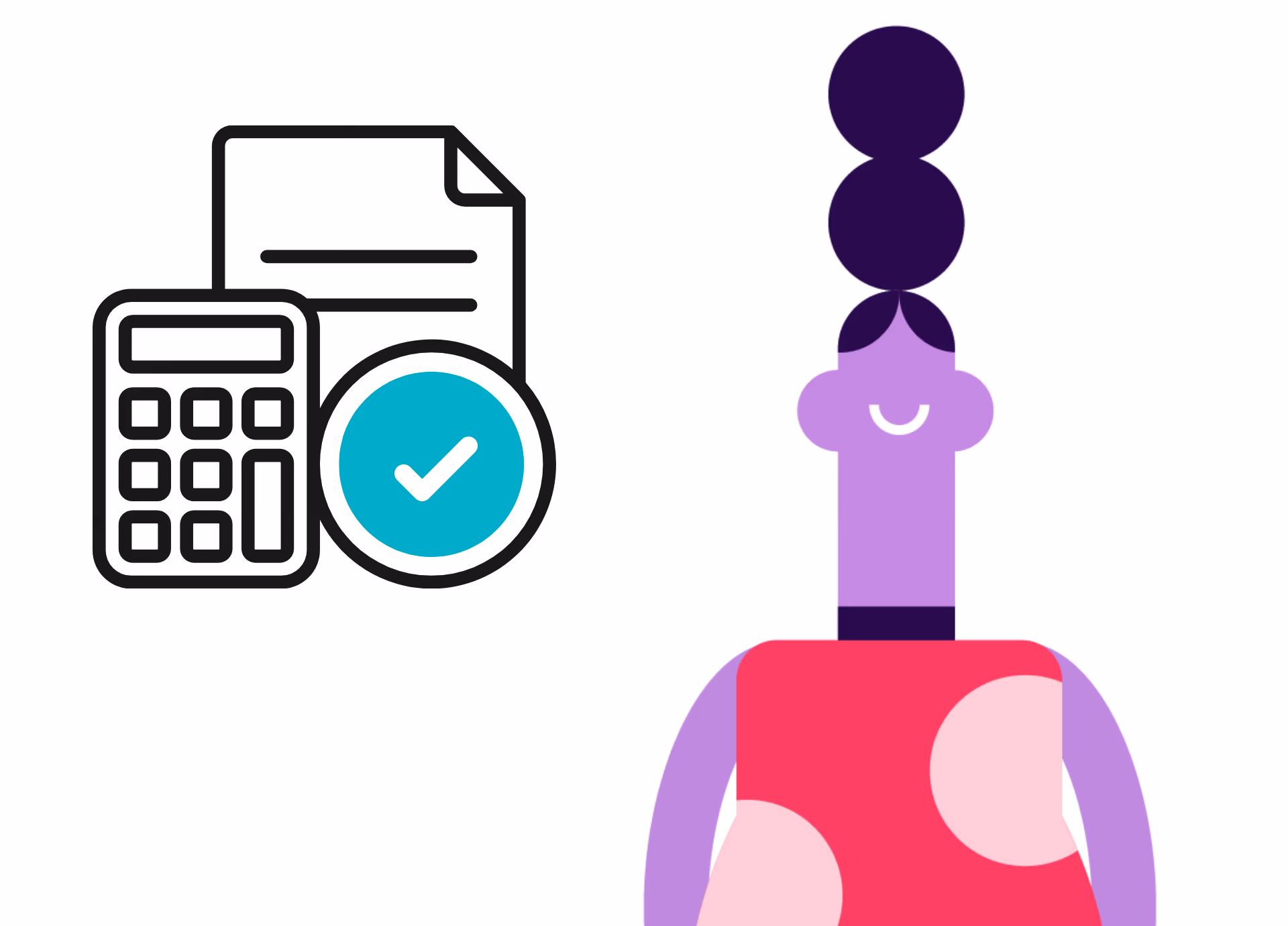 Illustration of a character beside document, calculator, and checkmark icons