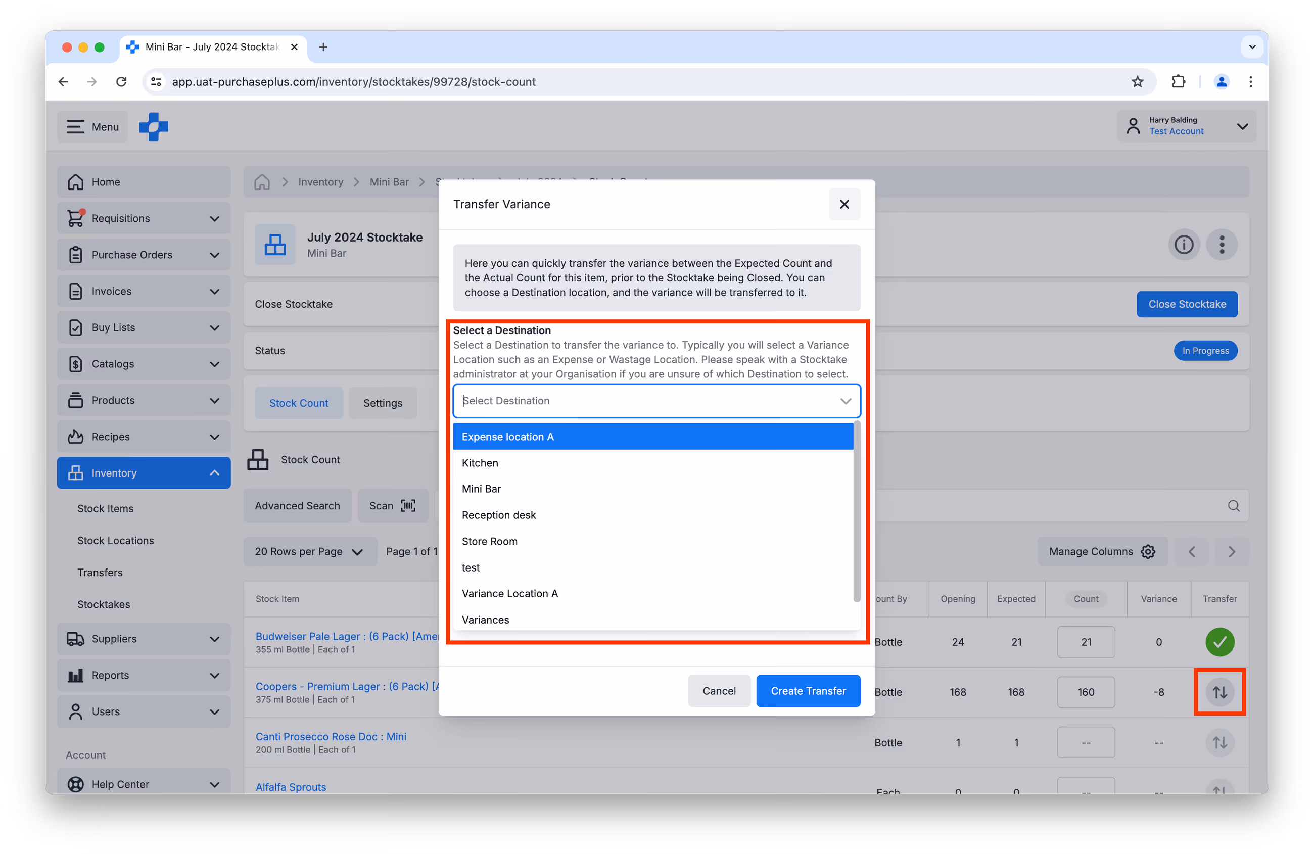 Quick Transfer during stocktake for variance locations