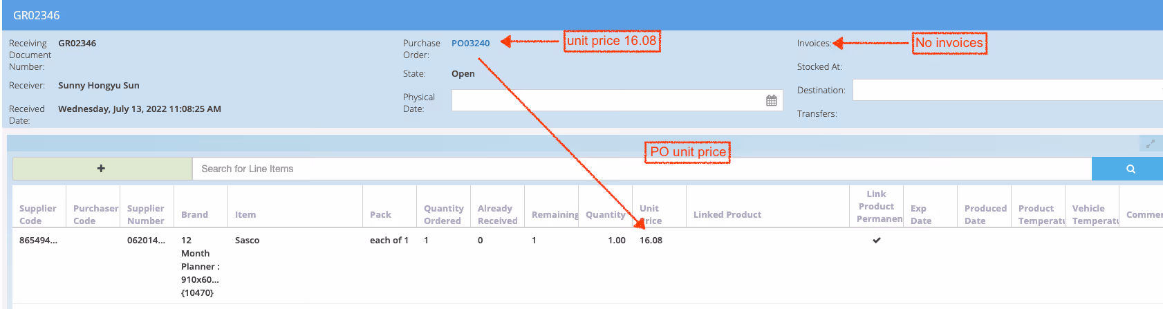 Receiving document highlighting unit price linked to a purchase order