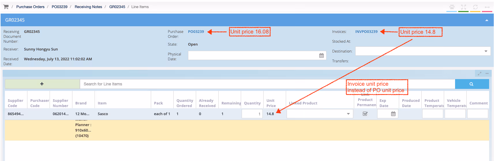 Receiving note showing invoice unit price used instead of PO unit price
