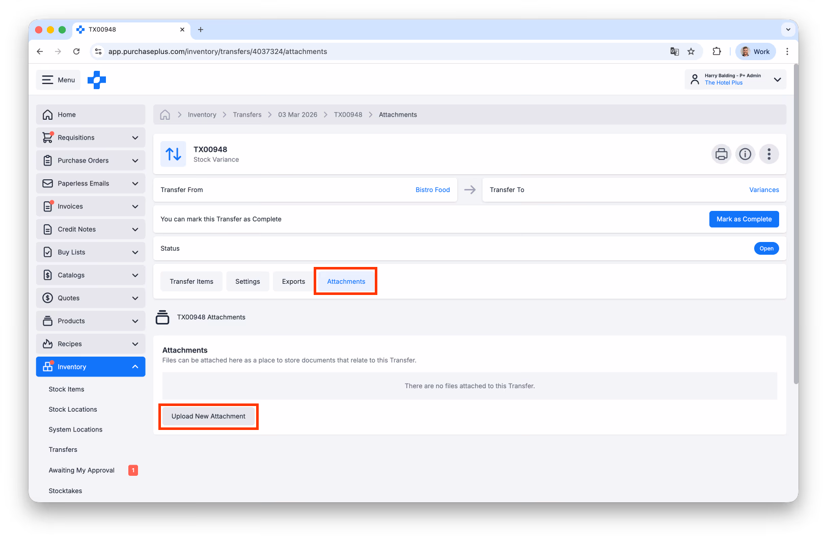 Upload attachments on a stock transfer