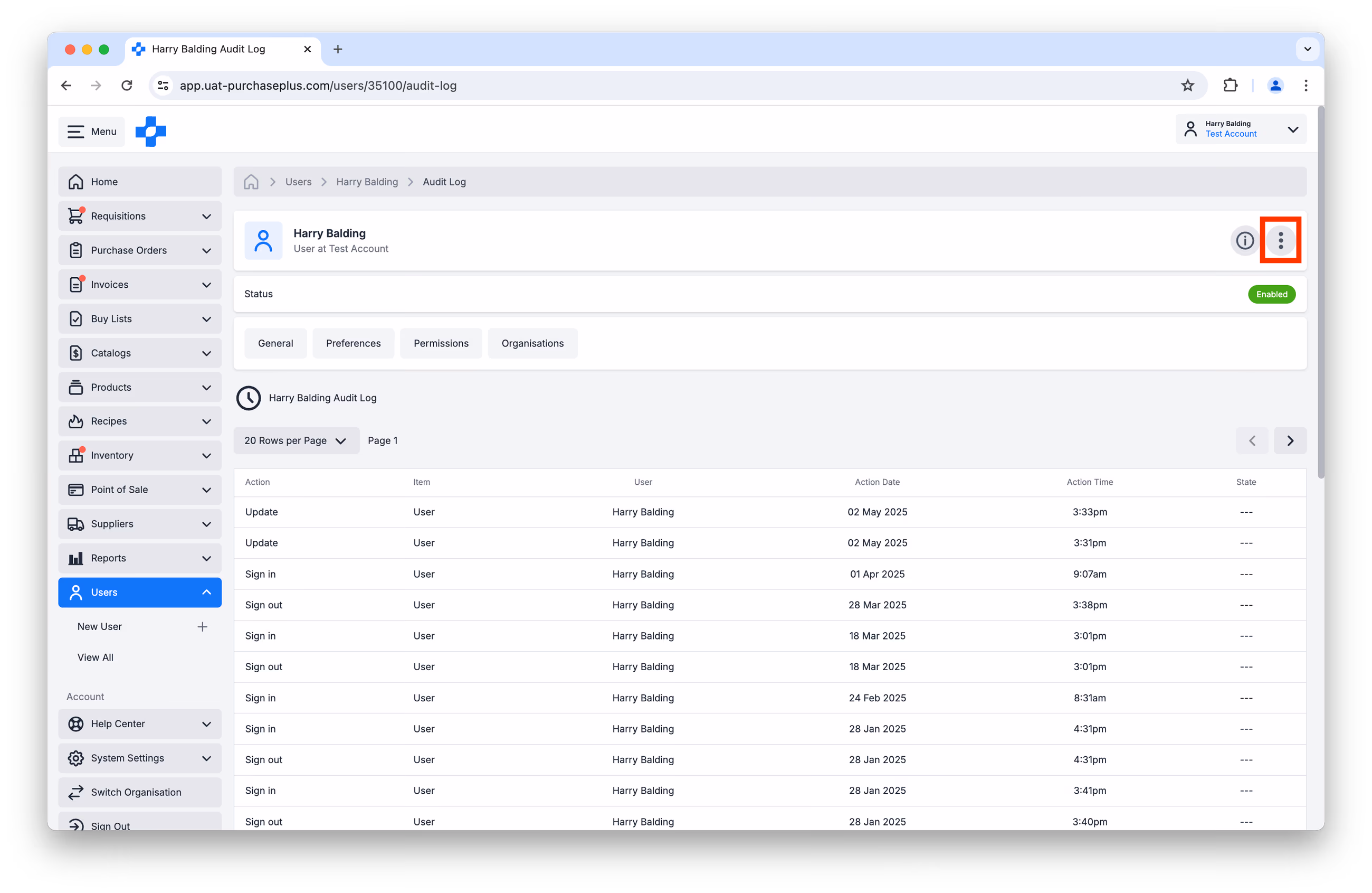 User Audit Log table listing sign-in and update actions