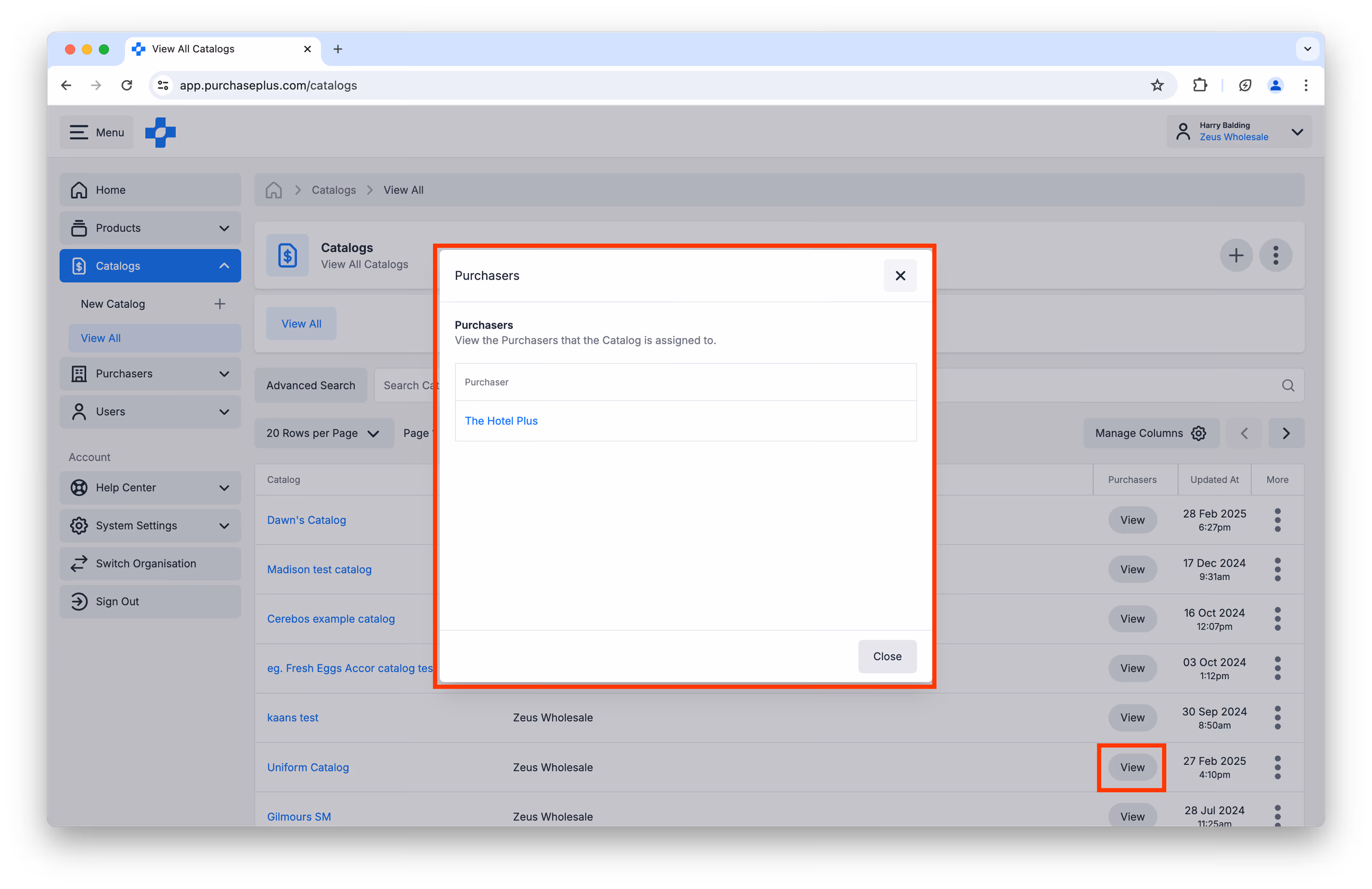 Catalogs list with Purchasers modal showing assigned organisations